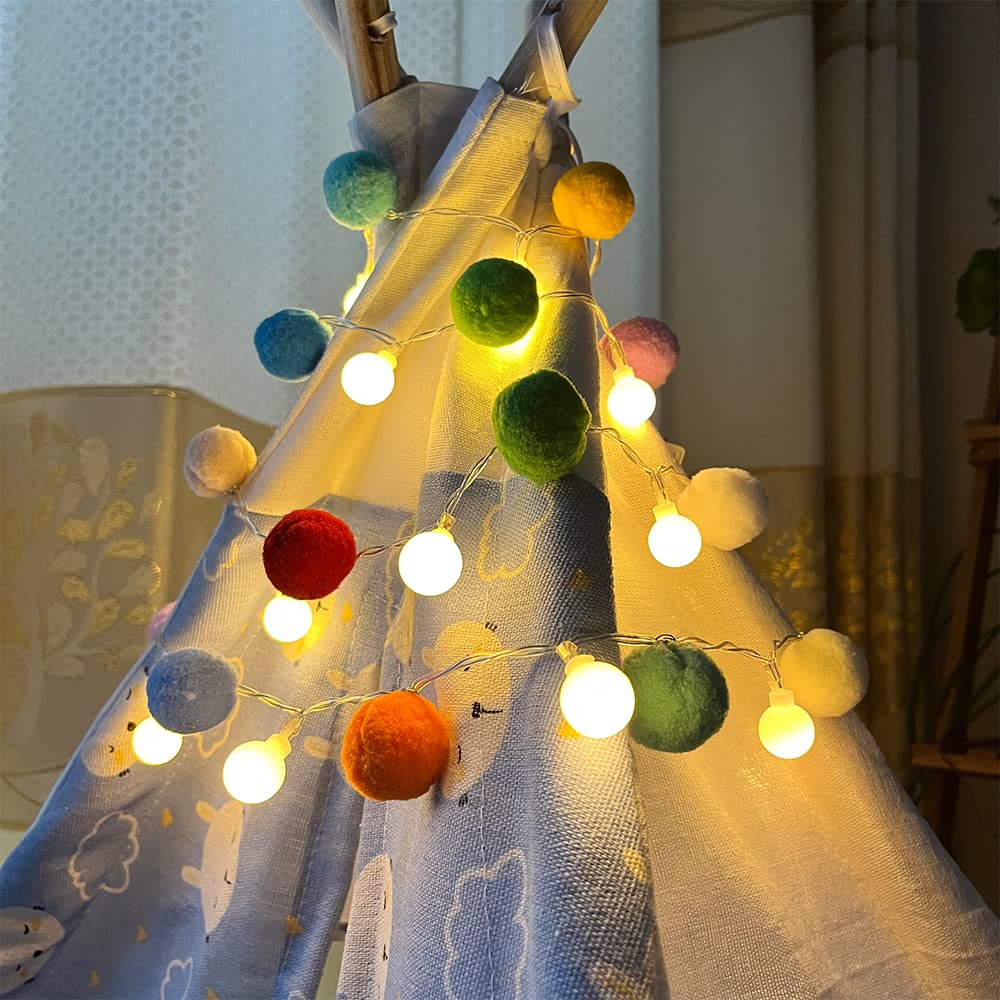 20 LED Battery Operated Pom Pom String Lights - 6.56ft Warm White Fairy Lights with Colorful Ball Decor for Indoor, Bedroom, Kids Playhouse - Perfect for Christmas, Holiday & Home Decoration