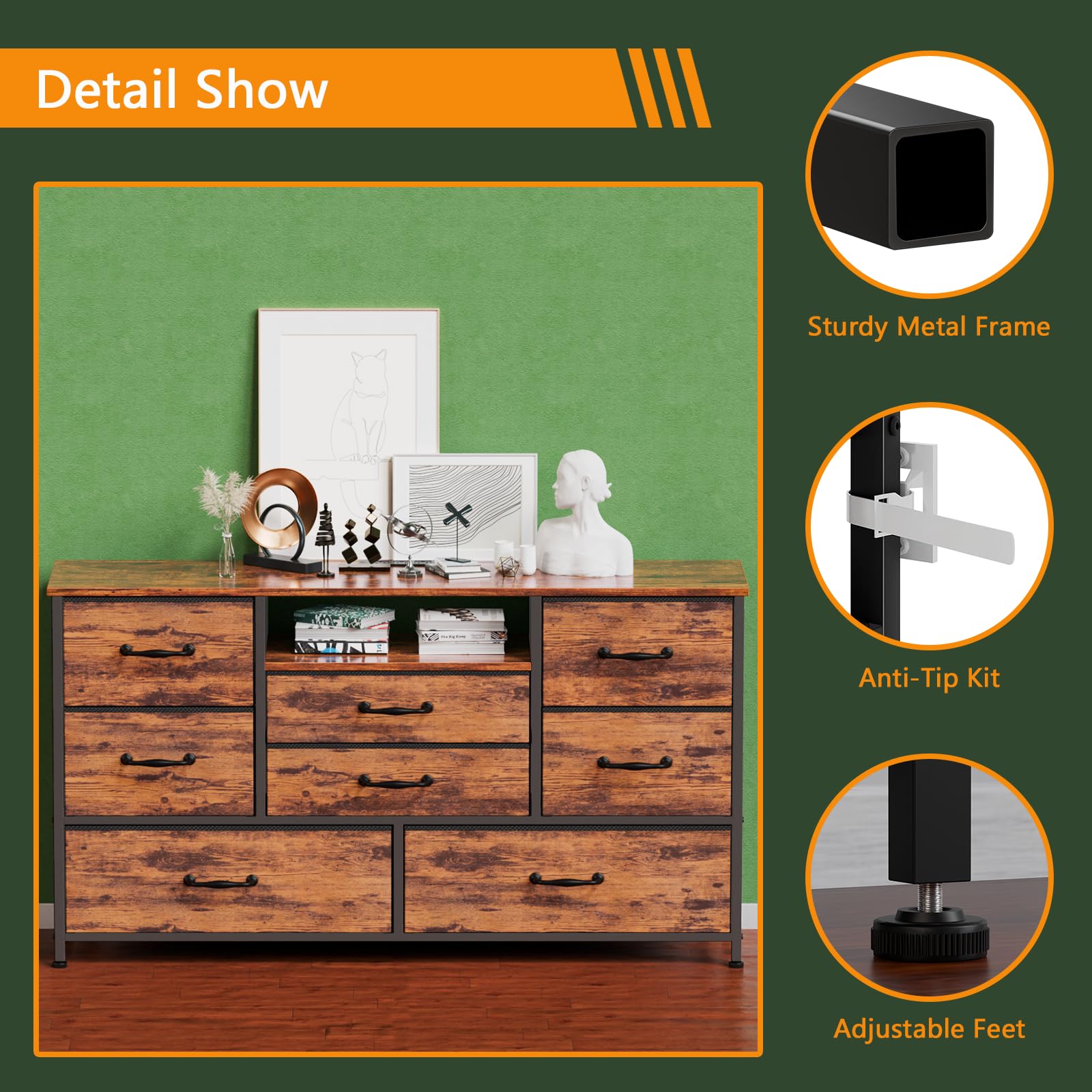 Industrial Rustic Brown 8-Drawer Dresser TV Stand with Power Outlets & Wood Top - Wide Storage Chest for Bedroom, Living Room & Closet Organization | Perfect for Small Spaces & Home Office Setup