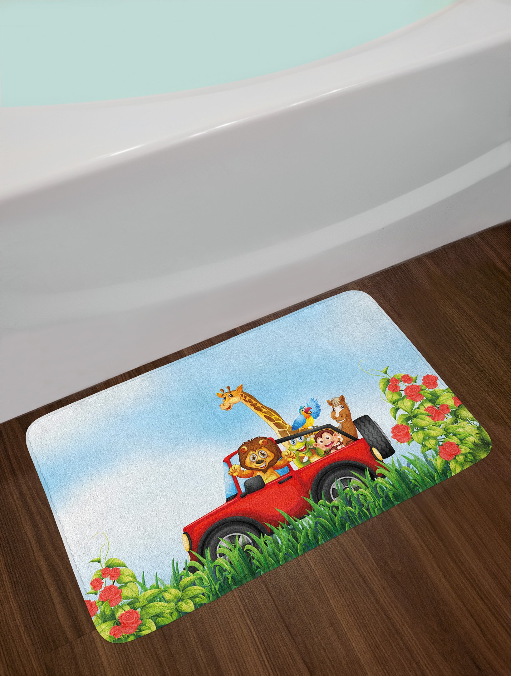 Ambesonne Non-Slip Plush Bath Mat - Cartoon Wildlife Animals Riding Car Park Scene, 30