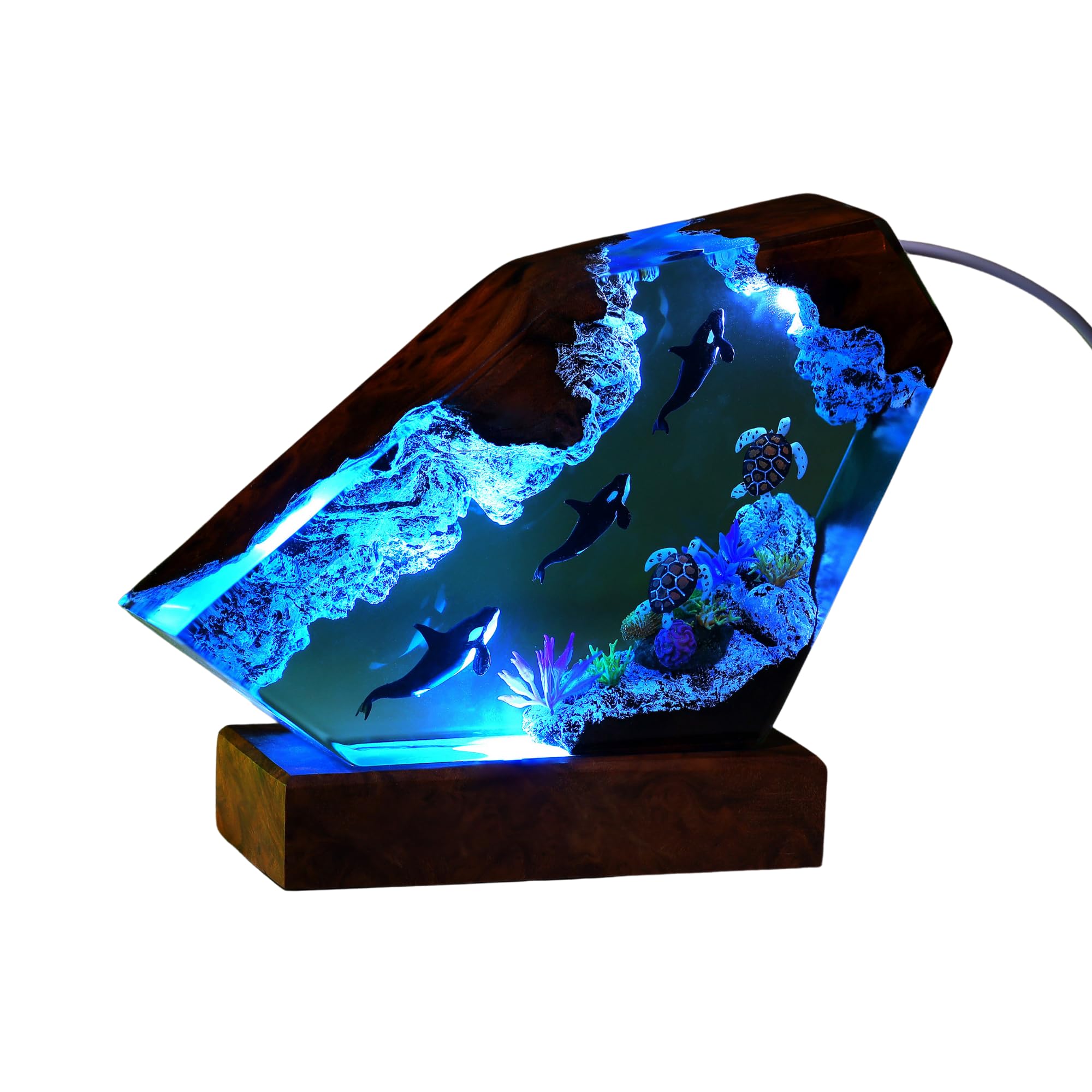 Orca and Turtle Resin Wood Lamp - Ocean Themed Night Light with Dolphin Diorama - 9x6 Inch Epoxy Resin Table Lamp - Unique Gift for Him or Her - Perfect for Bedroom, Living Room, or Office Decor