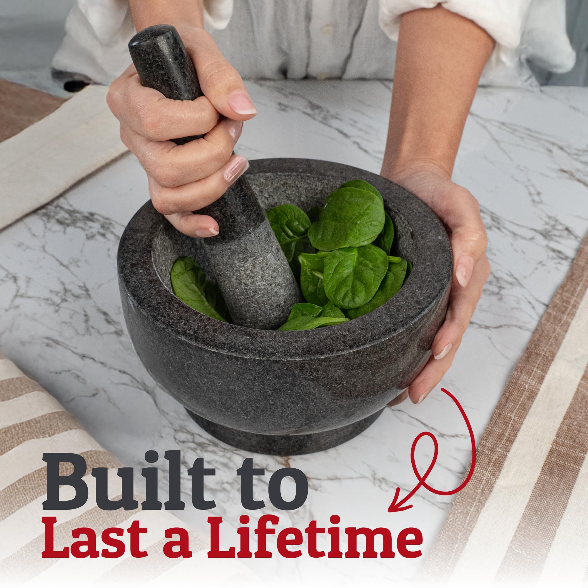 Premium 4-Cup Heavy Duty Granite Mortar and Pestle Set - 100% Natural Stone Grinder for Guacamole, Spices & Herbs - Perfect for Mexican Cooking, Avocado Mashing & Kitchen Prep - Black Molcajete Bowl