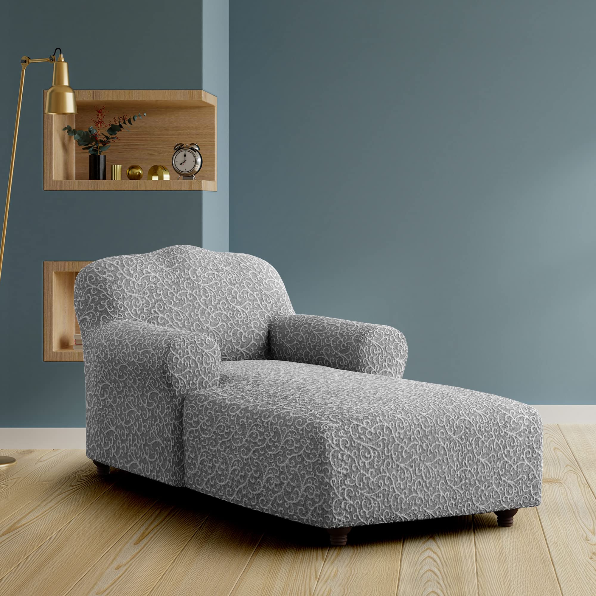 PAULATO BY GA.I.CO. Chaise Lounge Cover - Stretch Jacquard Slipcover for Sofa & Lounge Chair - Soft Fabric, 1-Piece Form Fit Furniture Protector - Grey Arabesco Pattern | Perfect for Living Room, Patio & Outdoor Furniture Protection