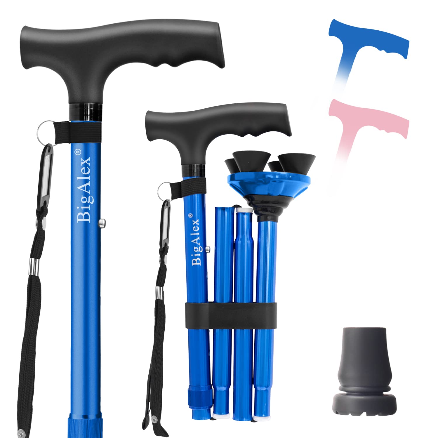 BigAlex Adjustable Folding Walking Cane with Pivoting Quad Base - Lightweight Support Cane for Men & Women - Includes Carrying Bag (Ideal for Travel, Hiking & Daily Mobility Assistance)