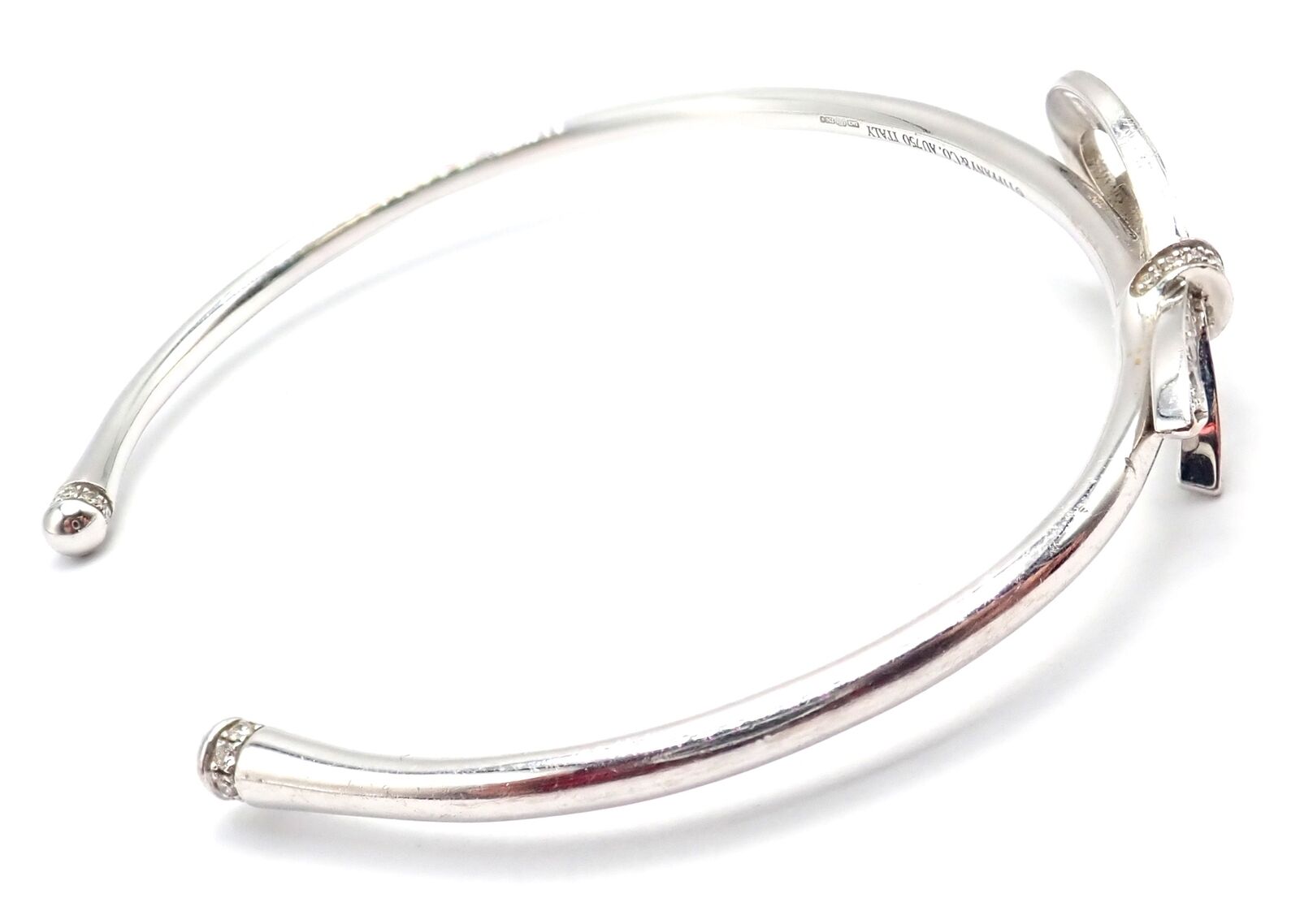 Authentic Tiffany & Co 18K White Gold Diamond Bow Ribbon Bangle Cuff Bracelet - Elegant Jewelry Gift for Women, Perfect for Weddings, Anniversaries & Special Occasions