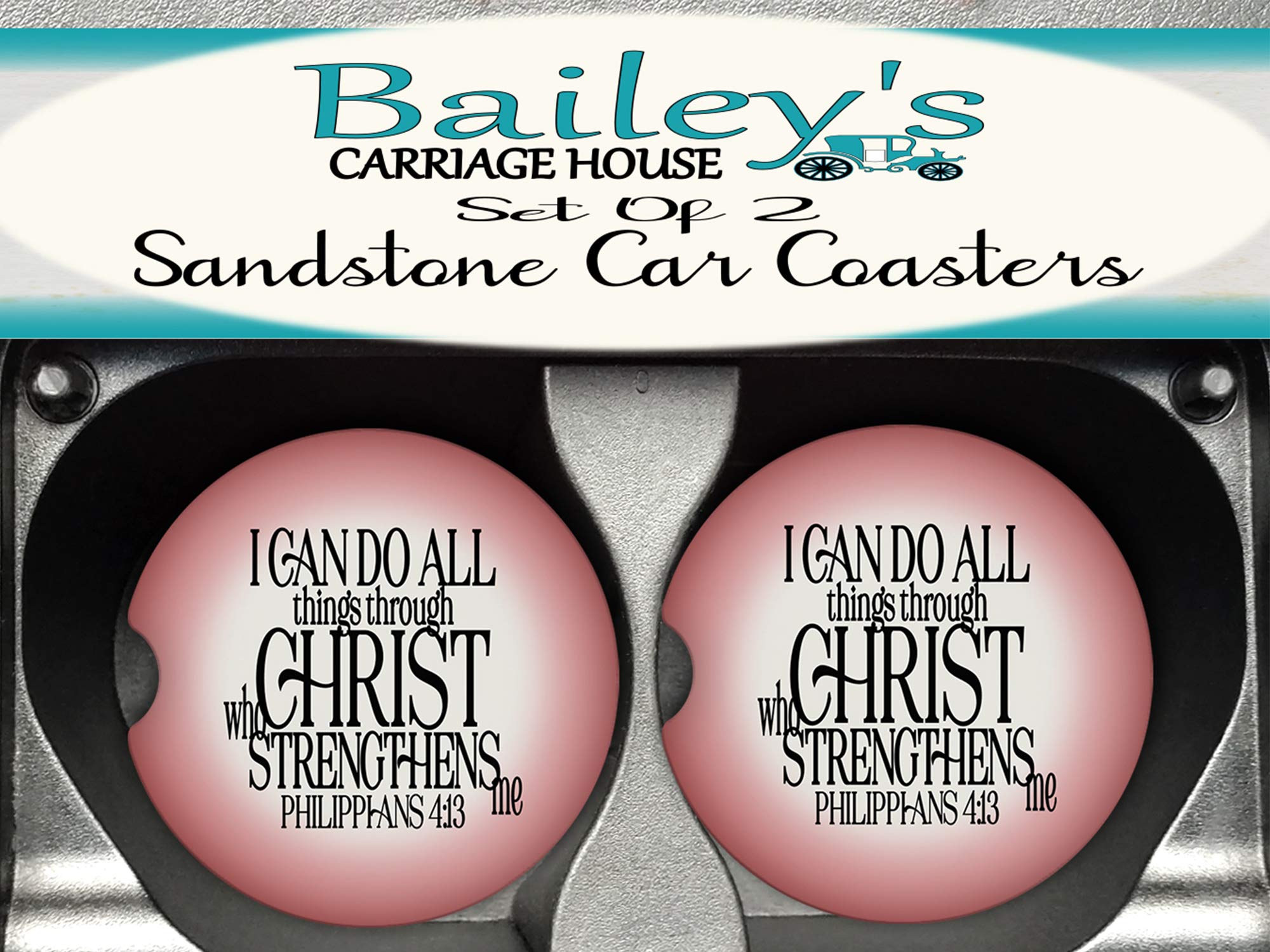 Philippians 4:13 Christian Bible Verse Car Coaster Set of 2 - 'I Can Do All Things Through Christ' Inspirational Quote on Pink & Cream Sandstone Absorbent Cup Holder Coasters for Home, Office & Auto Use