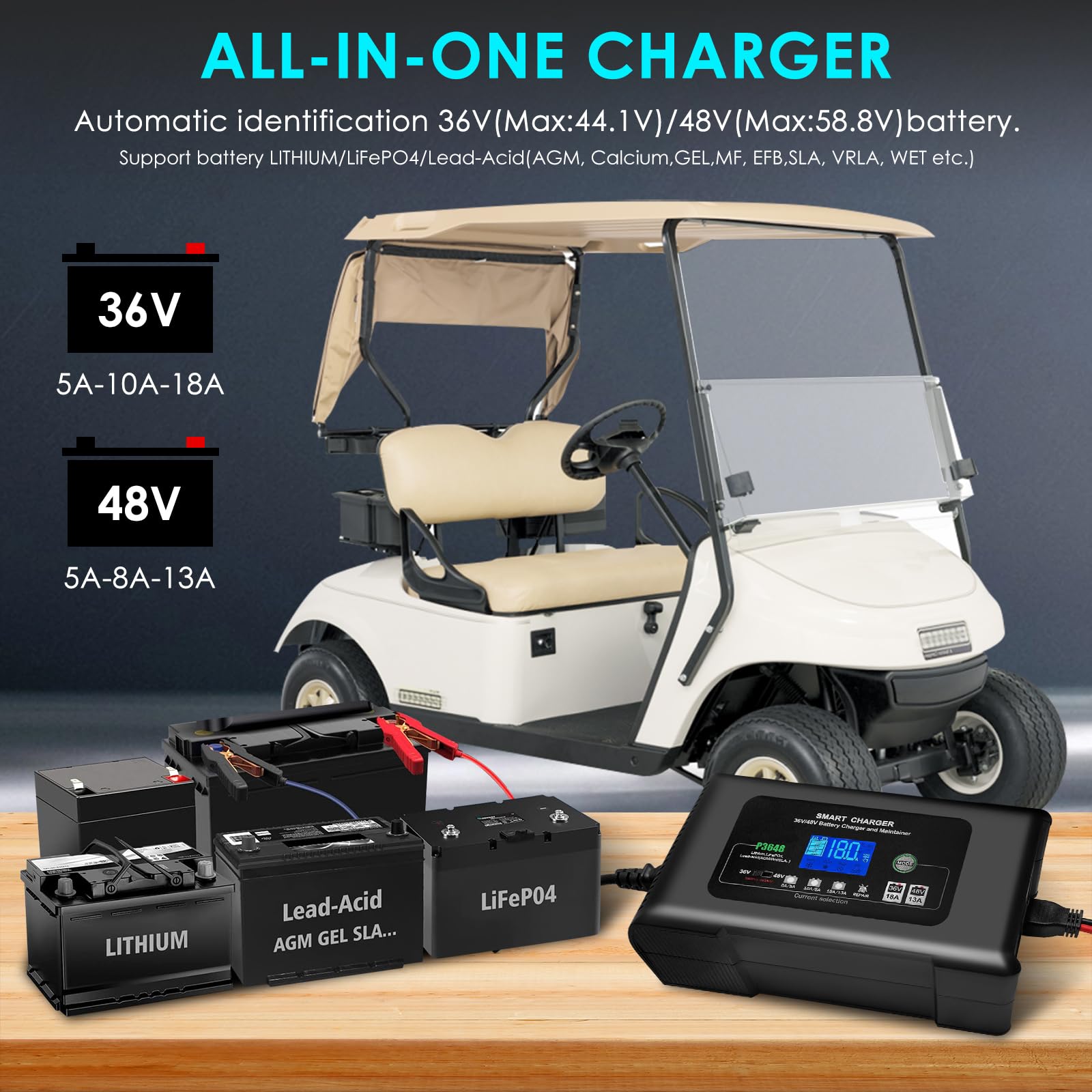 48V 13A & 36V 18A Smart Golf Cart Battery Charger - Compatible with Lithium, LiFePO4, Lead-Acid AGM/Gel/SLA Batteries - Works with EZGO RXV & TXT Golf Carts - Perfect for Home, Course, and RV Use