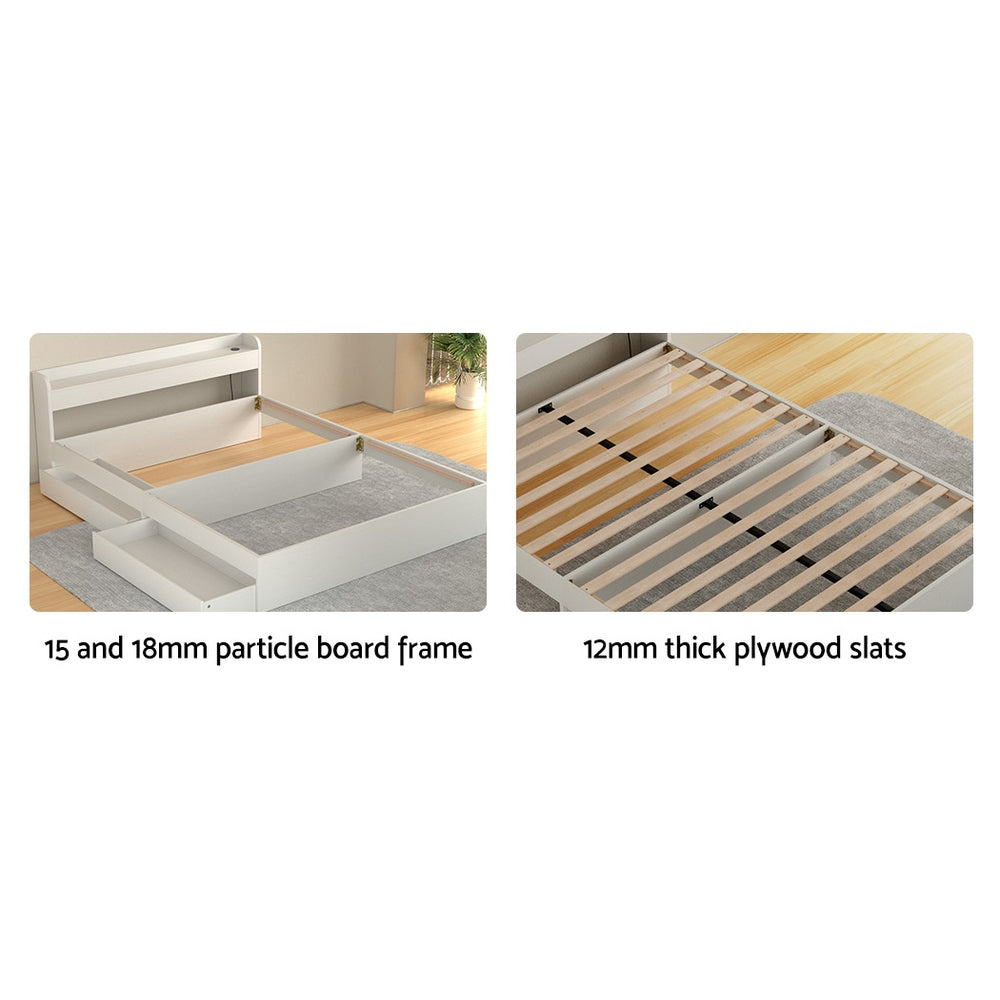 Aura Queen Bed Frame with 2 Storage Drawers & Bonita Pillow Top Mattress - Medium Firm Support - White Finish - Space Saving Bedroom Solution for Small Apartments and Guest Rooms