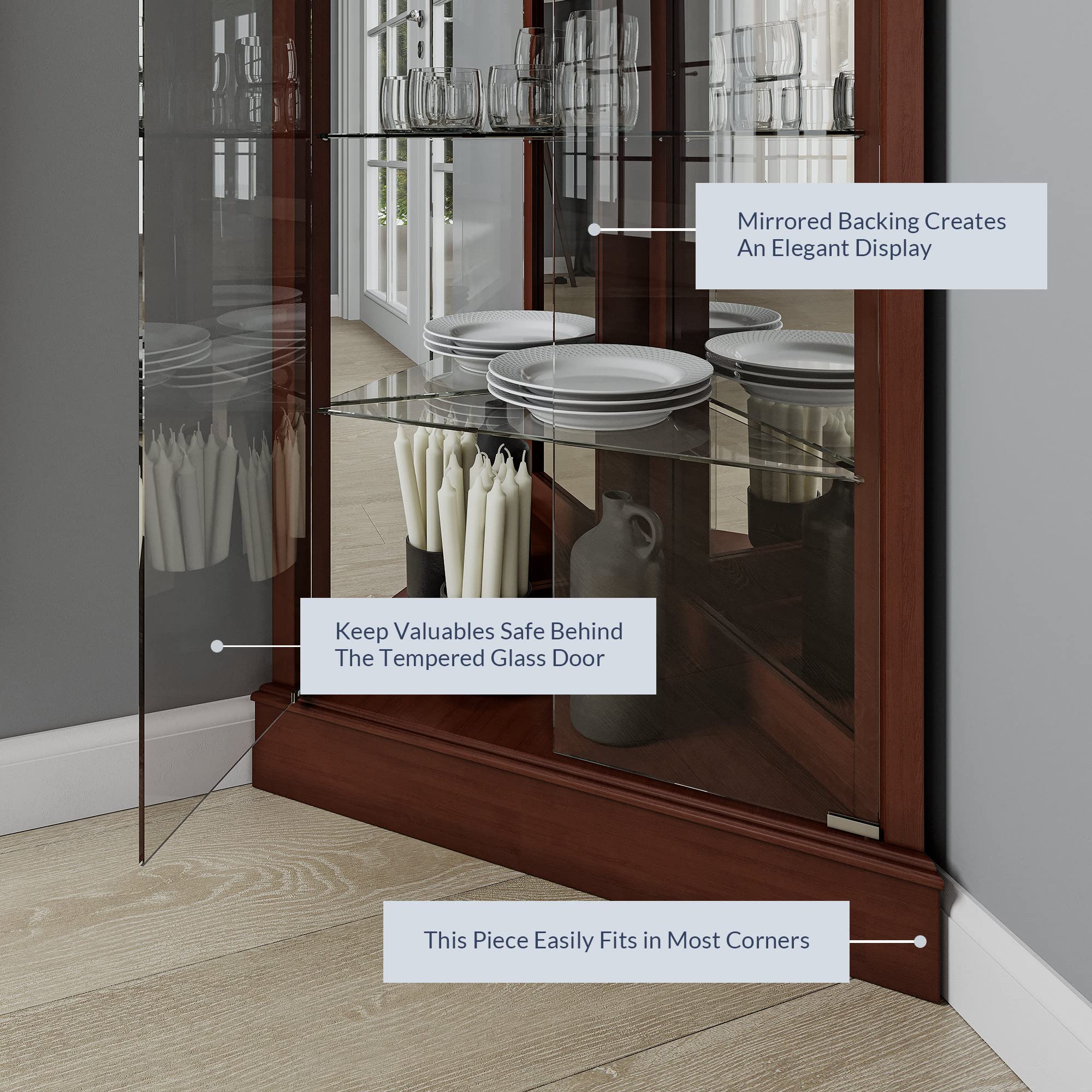 BELLEZE Wooden Corner Curio Cabinet with LED Lights & Tempered Glass Door - 6 Adjustable Shelves, Liquor Storage - Walnut Finish for Living Room, Dining Room & Home Bar Display