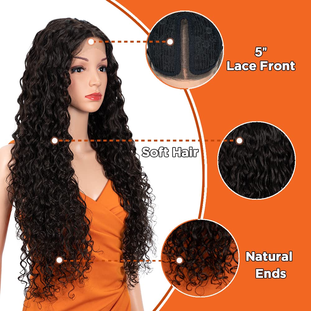 NOBLE STAR 30 Inch Long Curly Lace Front Wig with HD Lace & Baby Hair - 130% Density Human Hair Synthetic Blend Wig for Women (Dark Brown) | Perfect for Cosplay, Daily Wear & Special Occasions