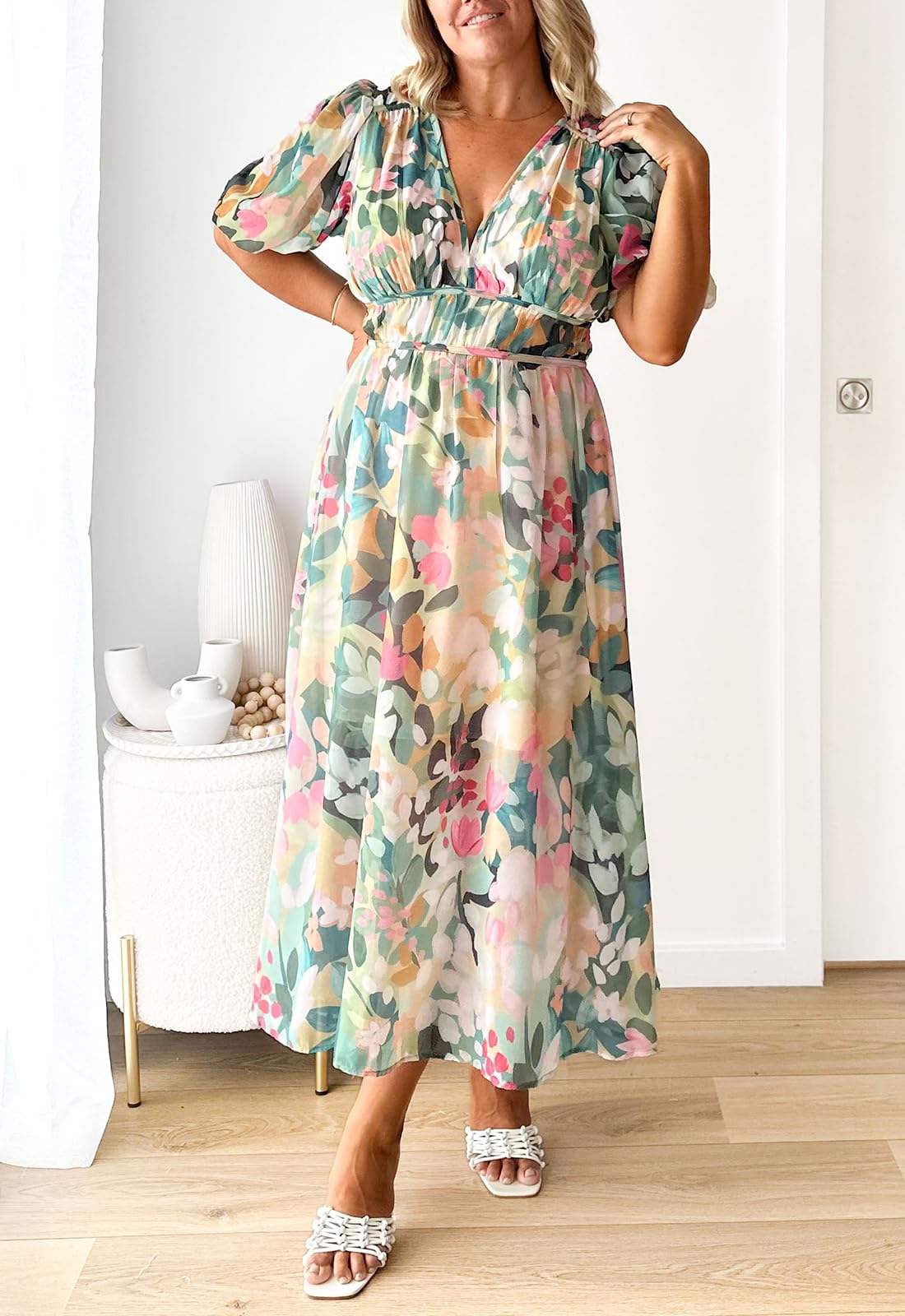 Boho Floral Print Midi Dress for Women - Summer Long Dress with Green Floral Pattern | Perfect for Beach Vacations, Garden Parties & Casual Outings