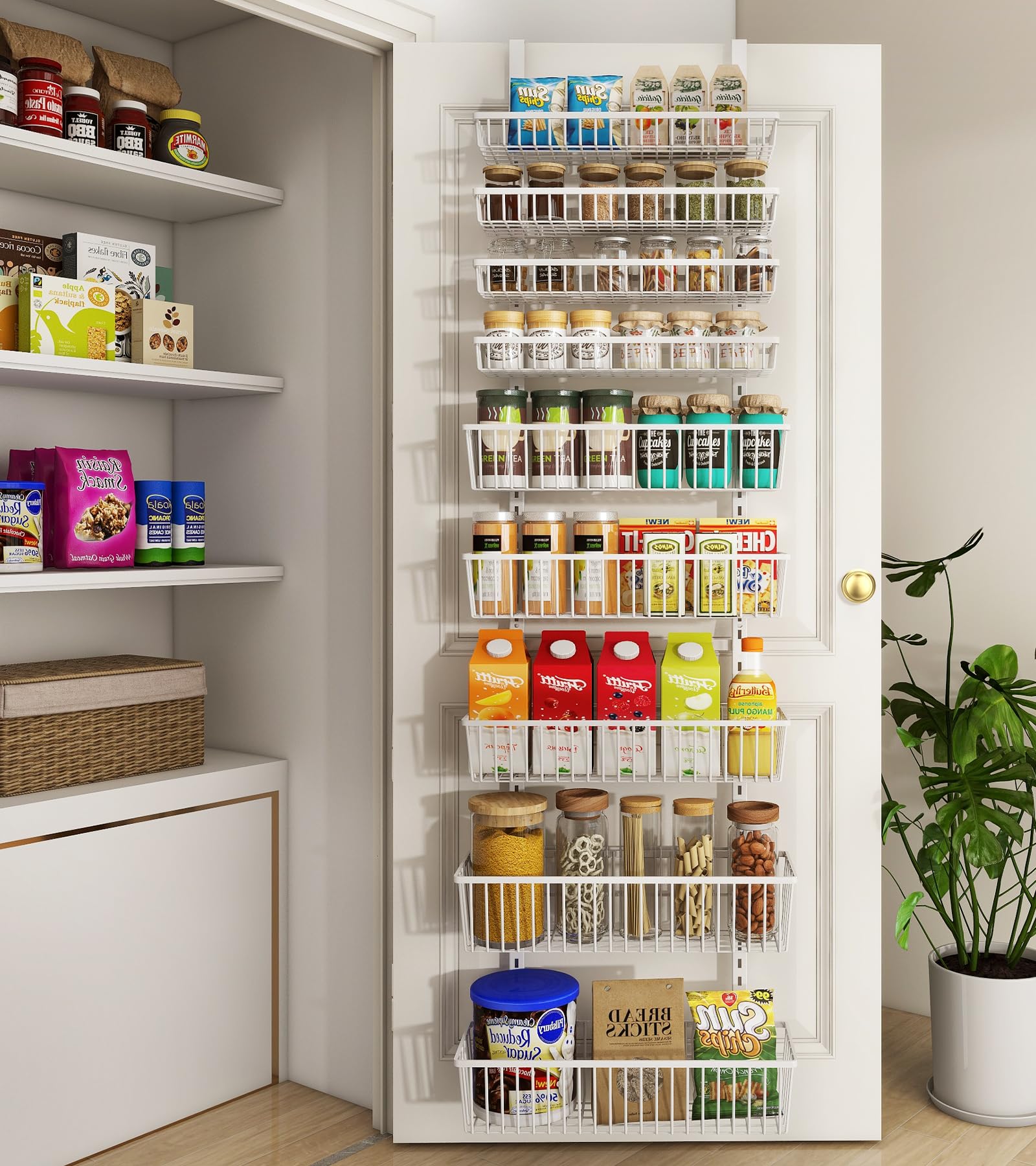 White 9-Tier Over The Door Pantry Organizer - Heavy Duty Metal Hanging Storage with Deep Baskets for Kitchen, Bathroom & Laundry Room - Perfect for Spices, Seasonings & Home Organization