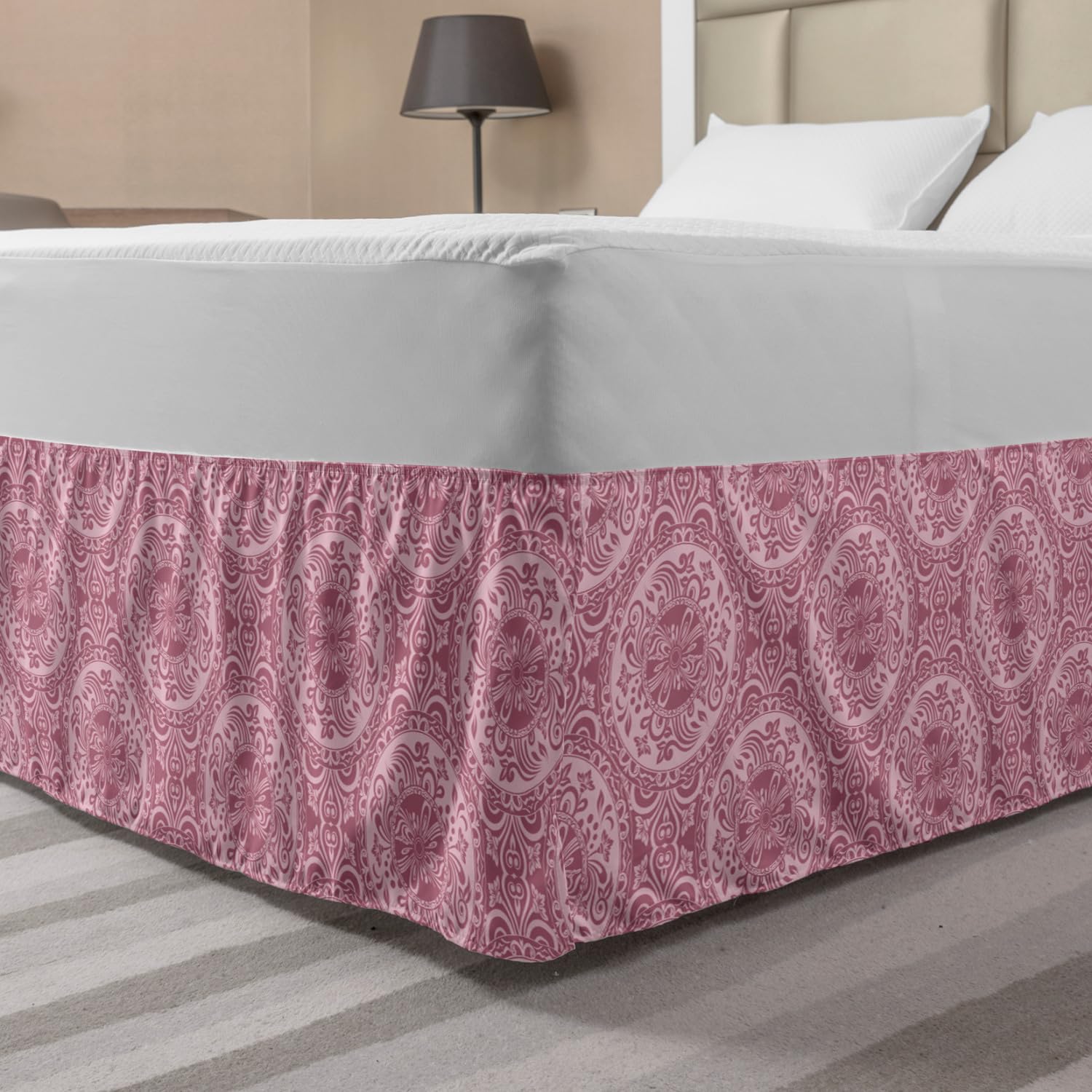 Ambesonne Damask Bedskirt - Monochrome Floral & Circular Pattern King Size Wrap Around Elastic Bed Skirt | Elegant Rose Color for Master Bedroom Decor | Perfect for Guest Rooms & Luxury Hotel Styling