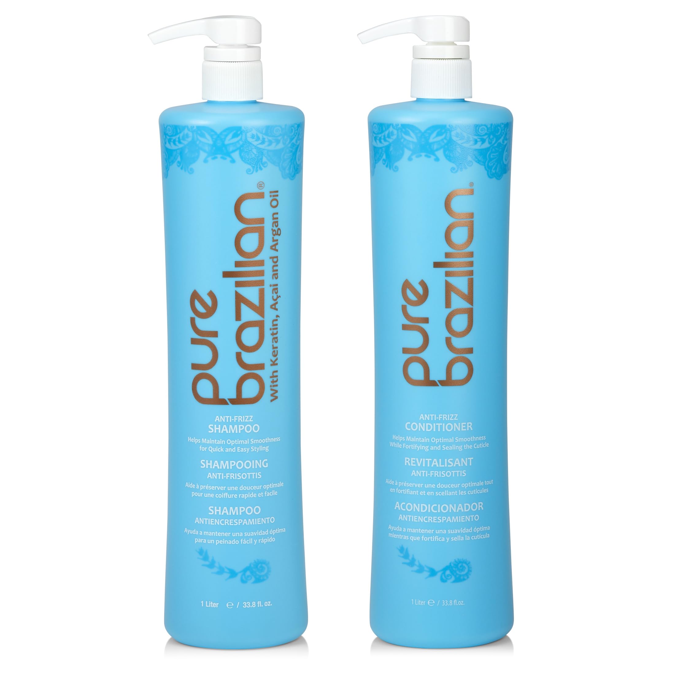 Pure Brazilian Anti-Frizz Shampoo and Conditioner Set - Keratin, Argan Oil & Acai Enriched - Salt-Free & Color Safe Hair Care - 1 Liter (33.8 Fl Oz) - Perfect for Dry, Damaged & Frizzy Hair - Daily Use for Smooth & Shiny Locks