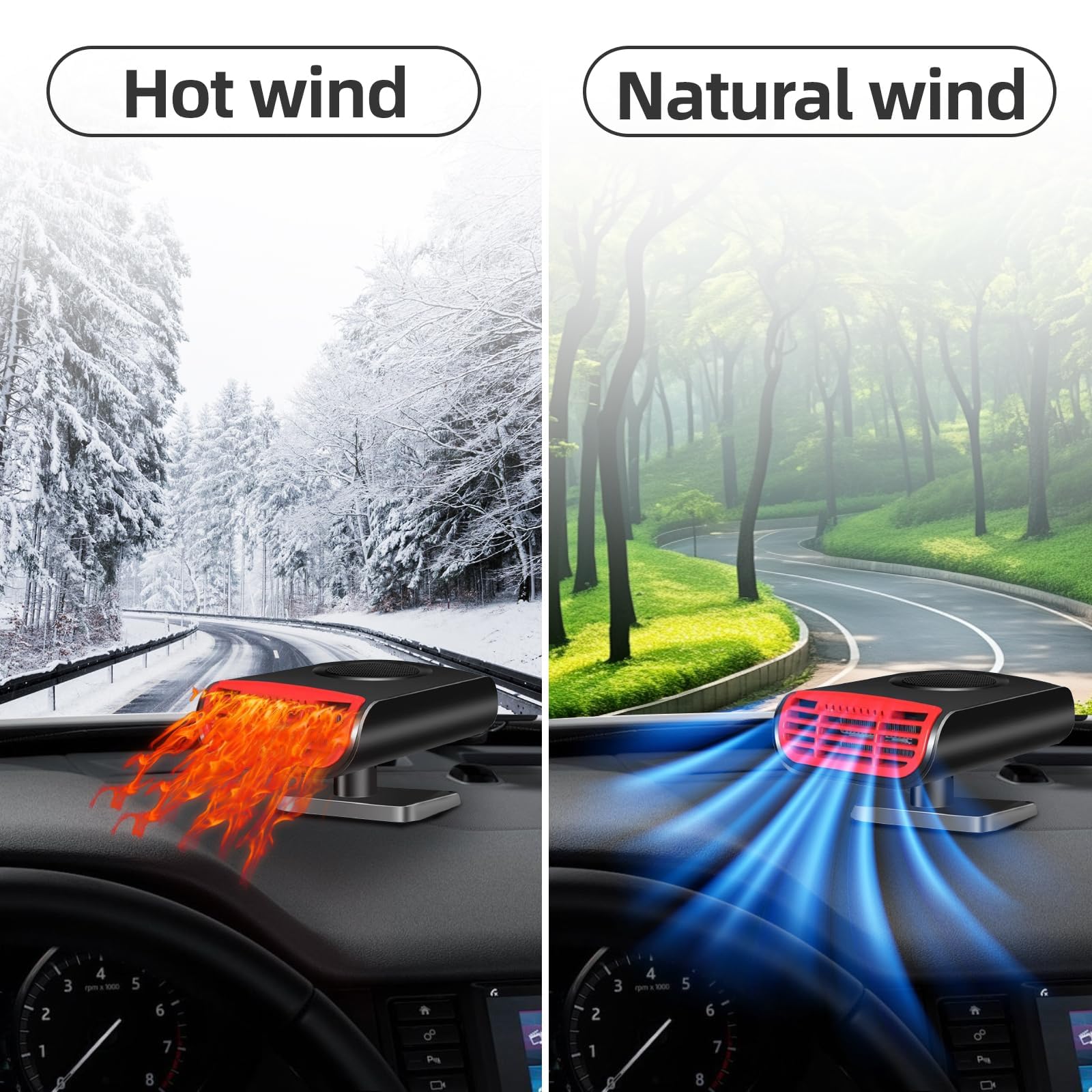 12V 150W Portable Car Heater & Defroster, 2-in-1 Fast Heating Windscreen Defogger, Cigarette Lighter Plug-in for Winter Driving & Emergency Use