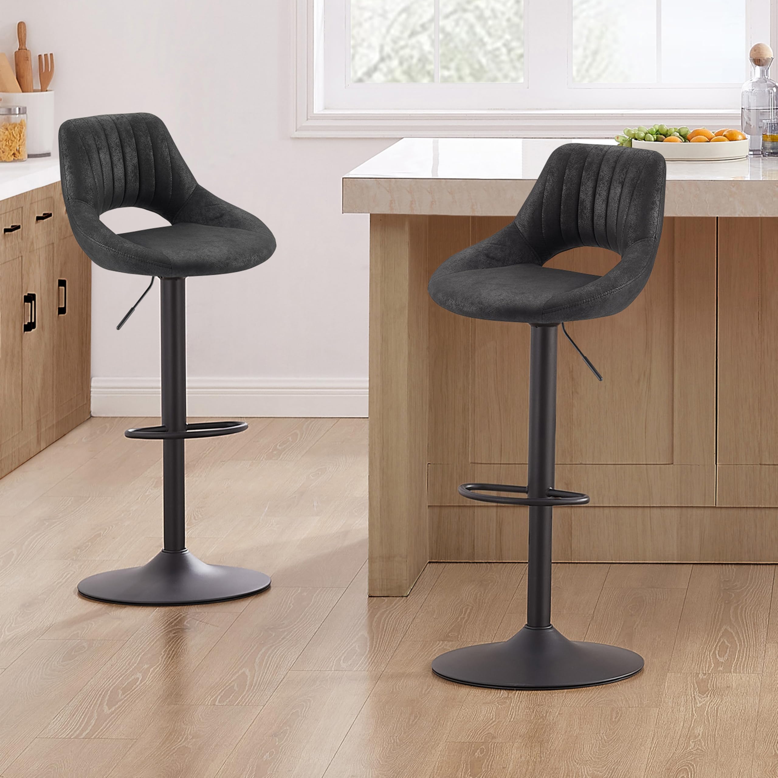 **Zouron Adjustable Swivel Bar Stools Set of 4 - Vintage Faux Suede Upholstered Counter Height Bar Chairs with Back - Perfect for Kitchen Island, Breakfast Nook & Home Bar - Black**