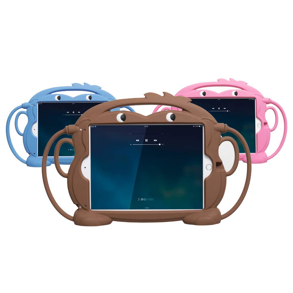 Kid Monkey Case Compatible with iPad 7th Gen 10.2 Inch (2019), iPad Air (2019), iPad Pro 10.5-inch - Shockproof Silicone Protective Cover with Convertible Handle Stand | BPA Free | Cartoon Design (Brown) - Perfect for Kids, School, Travel & Playtime