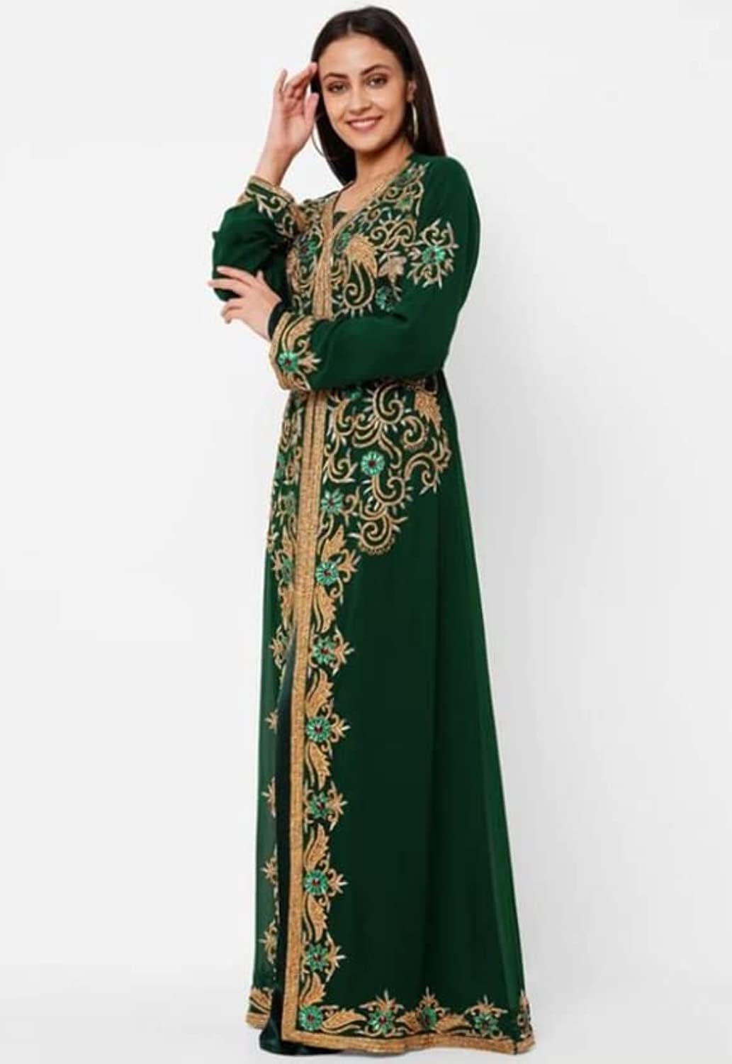 Elegant Women's Kaftan Dress - Georgette Abaya Dubai Moroccan Hand-Beaded Caftan Farasha Jalabiya Arabic Evening Gown by ZARDOZI Art | Perfect for Weddings, Parties & Special Occasions
