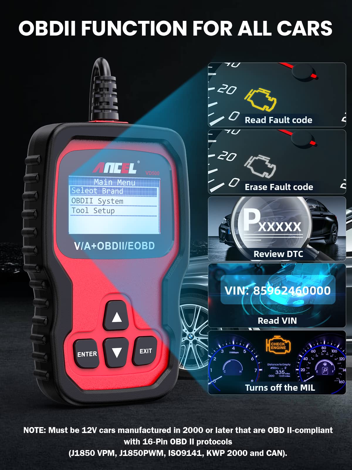ANCEL VD500 OBD2 Scanner for VW Audi Skoda - VAG Diagnostic Tool with EPB ABS SRS Code Reader, Oil Reset, Throttle Adaptation & Brake Service | ANCEL BST200 12V Battery Tester Included | Perfect for DIY Mechanics & Professional Auto Repair Shops