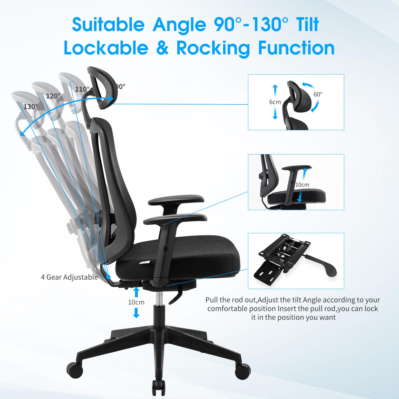 Magic Life Ergonomic Office Chair with 90° Flip-Up Arms, Adjustable Lumbar Support & 360° Swivel - Height Adjustable Computer Desk Chair for Home & Office (130 x 50 cm) - Perfect for Long Work Hours, Gaming & Remote Work