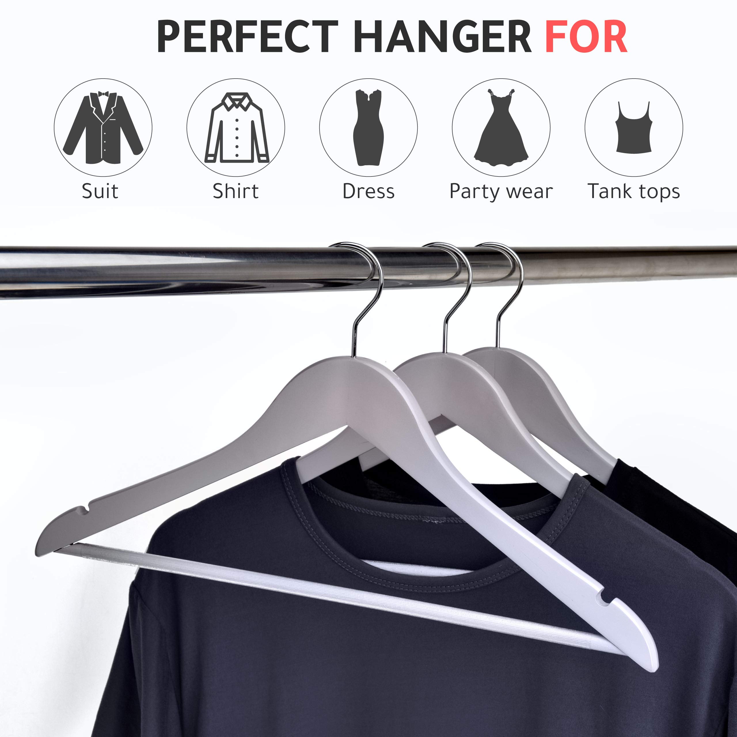Premium Solid Wooden Hangers Set of 80 - Slightly Curved Heavy Duty Clothes Hangers with Chrome Hooks for Jackets, Shirts, Pants & Suits | Durable Gray Wood Coat Hangers for Closet Organization & Retail Display
