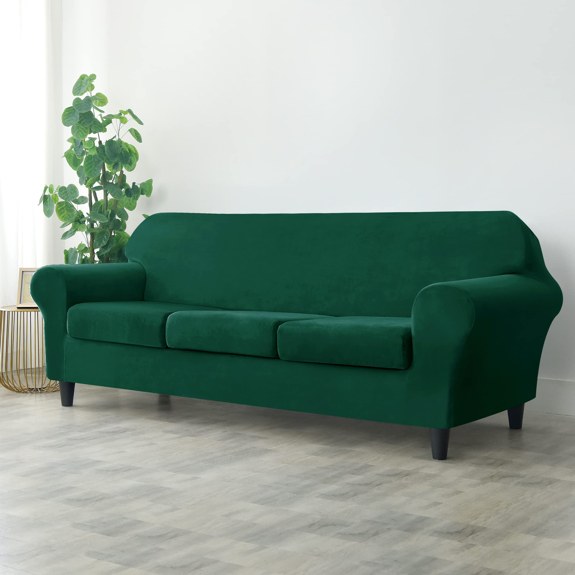 Ultra Soft Velvet Stretch Sofa Slipcover - Large Green Furniture Protector for Couches & Sectionals | Pet & Kid Friendly Couch Cover | Perfect for Living Room, Family Room & Home Decor