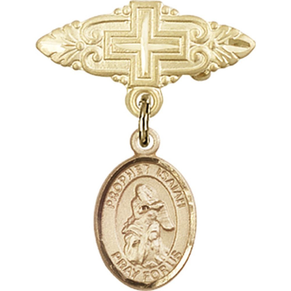 Gold Filled Baby Badge with St. Isaiah Charm & Cross Pin - 1 X 3/4 Inches - Perfect for Christening Gifts, Baptism Jewelry & Baby Keepsakes