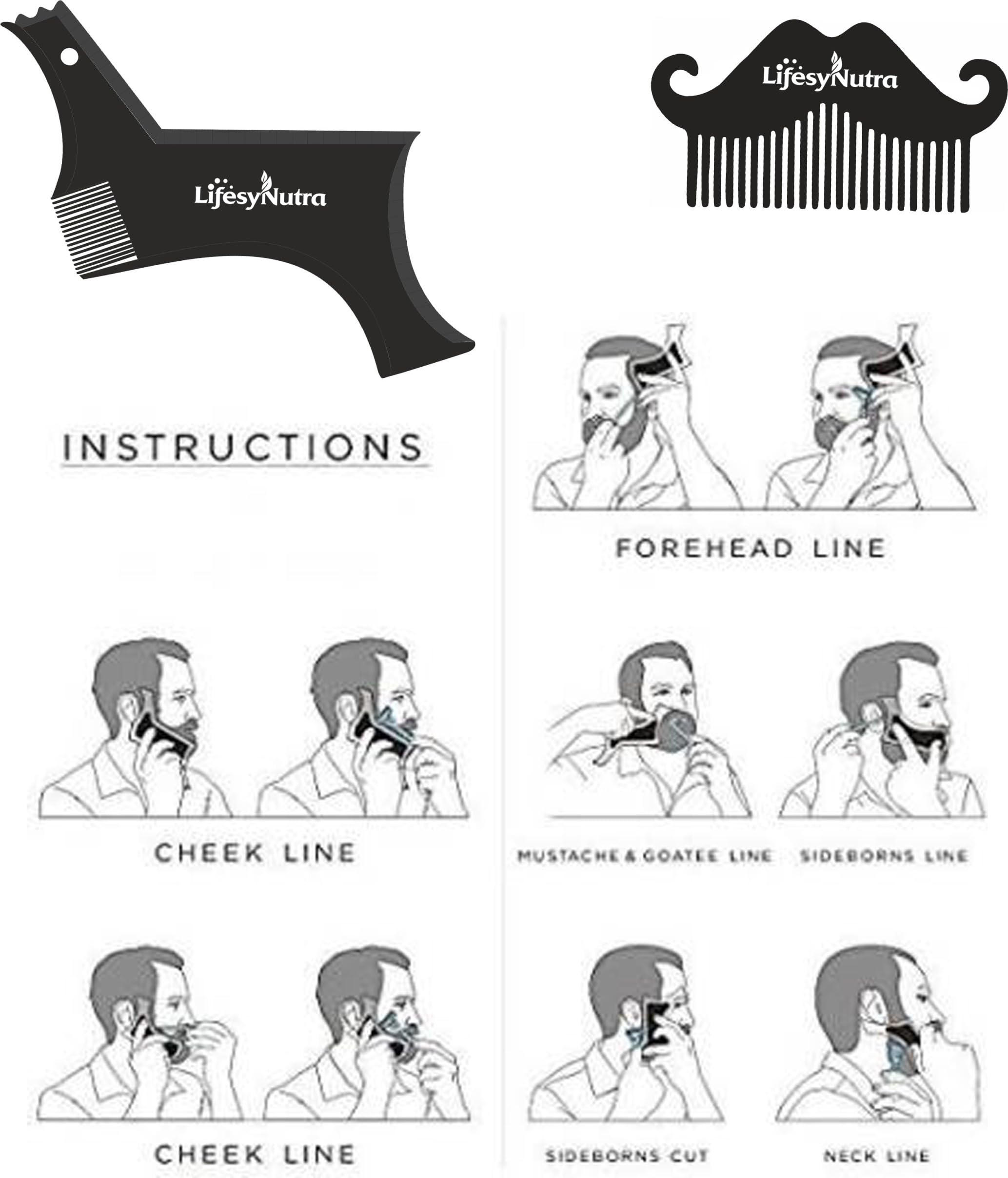 Professional Beard Shaping Tool Kit with Comb & Neckline Guide - 4 Black Beard Templates for Precise Trimming & Styling - Perfect for Home & Salon Use - Ideal for Men's Grooming, Daily Shaving & Beard Maintenance