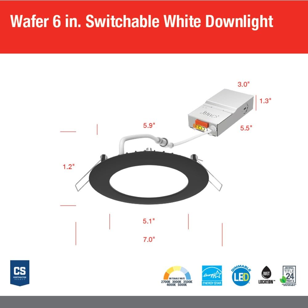 Juno LED Recessed Lights 6 Inch - Ultra Thin Round Wafer Downlight with Switchable Color Temperature (2700K-5000K) - 120V Dimmable Ceiling Light - 90 CRI - Matte Black (6-Pack) - Perfect for Living Room, Kitchen, Bedroom, and Office Lighting