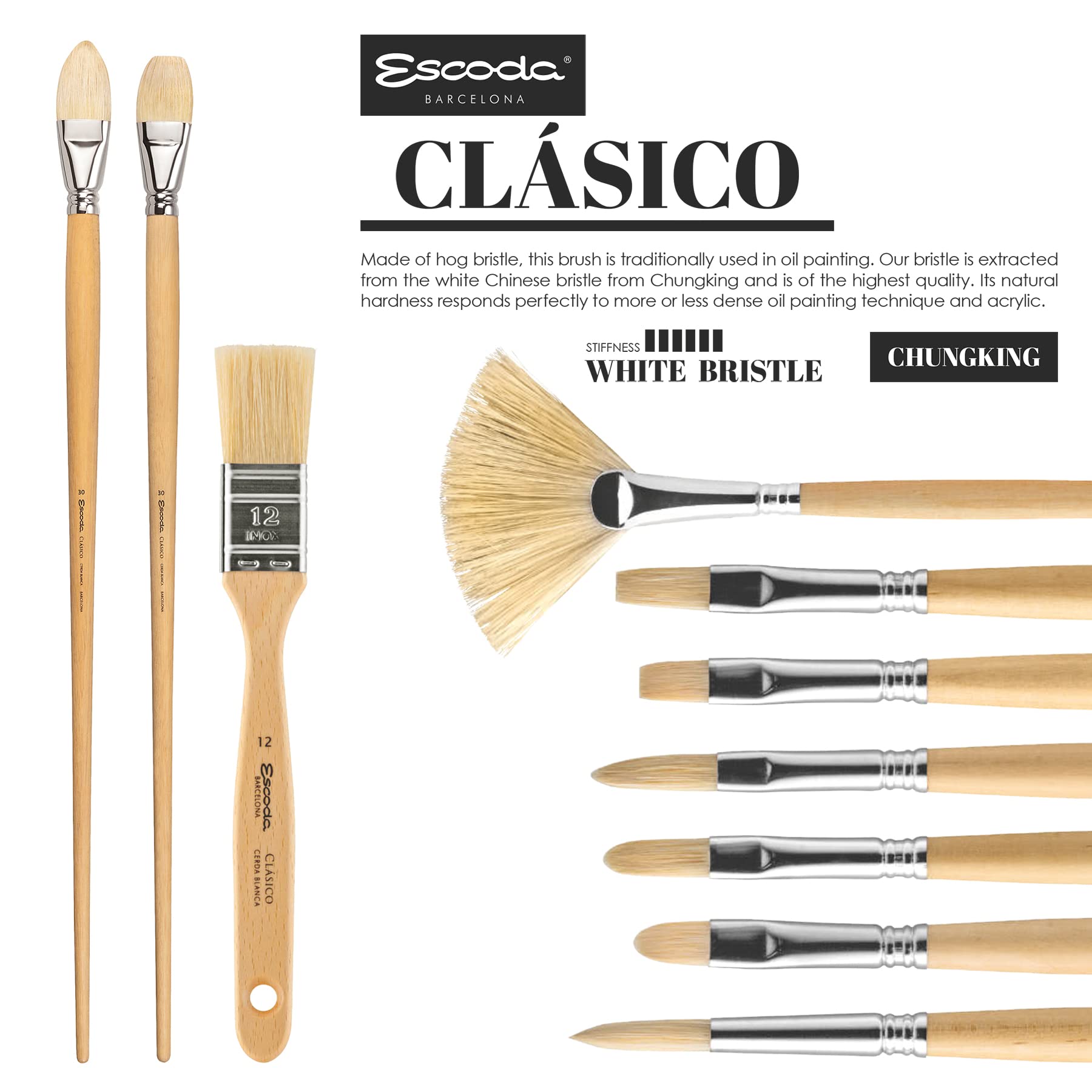 Speedball Art Products Escoda Clasico Series Oil & Acrylic Brush Set - Professional Chungking Hog Bristle Brushes for Artists | Perfect for Canvas Painting, Portrait Work & Fine Art Techniques