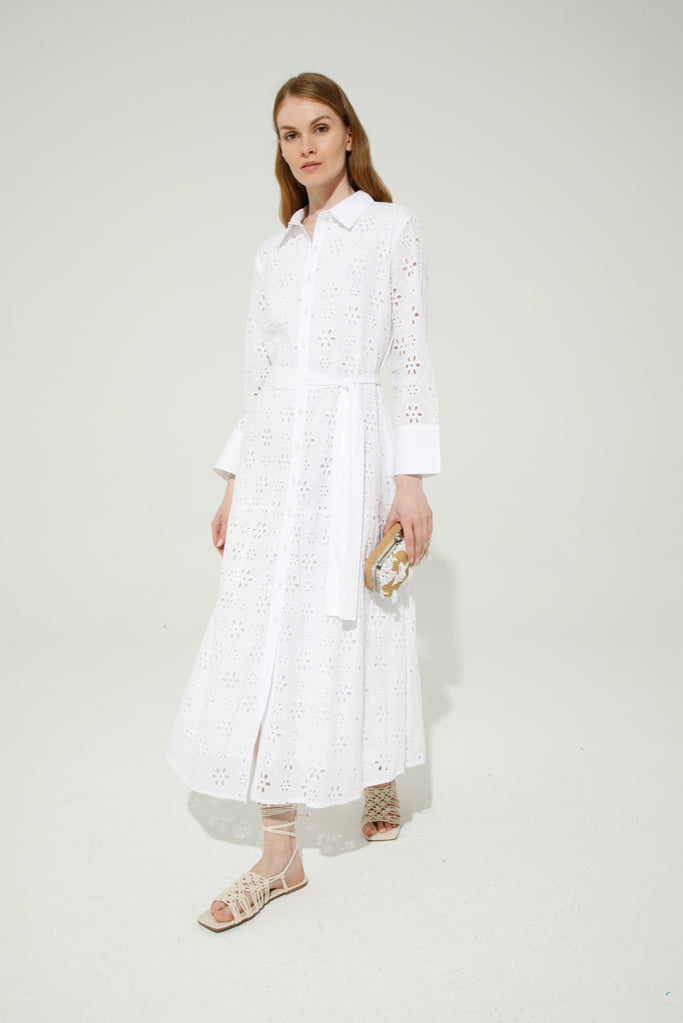 Elysa Broderie Anglaise White Shirt Dress for Women - Elegant Summer Cotton Dress for Office, Date Night & Casual Outings