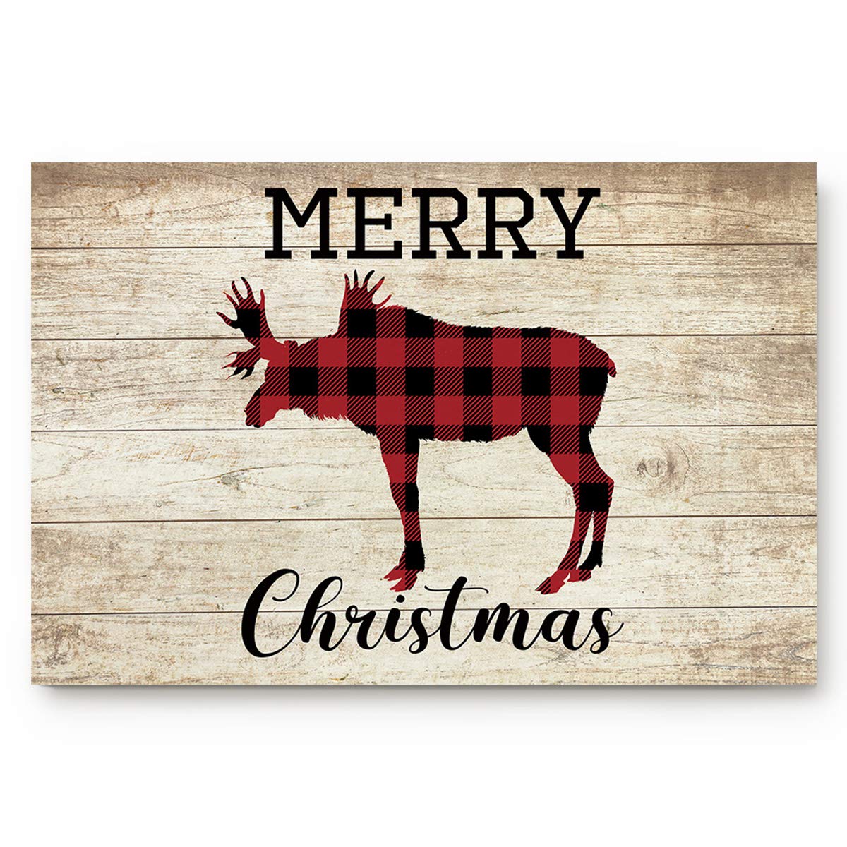 Libaoge Non-Slip Christmas Door Mat - Red Plaid Reindeer Pattern Wooden Board Welcome Mat for Indoor/Outdoor Use - 20