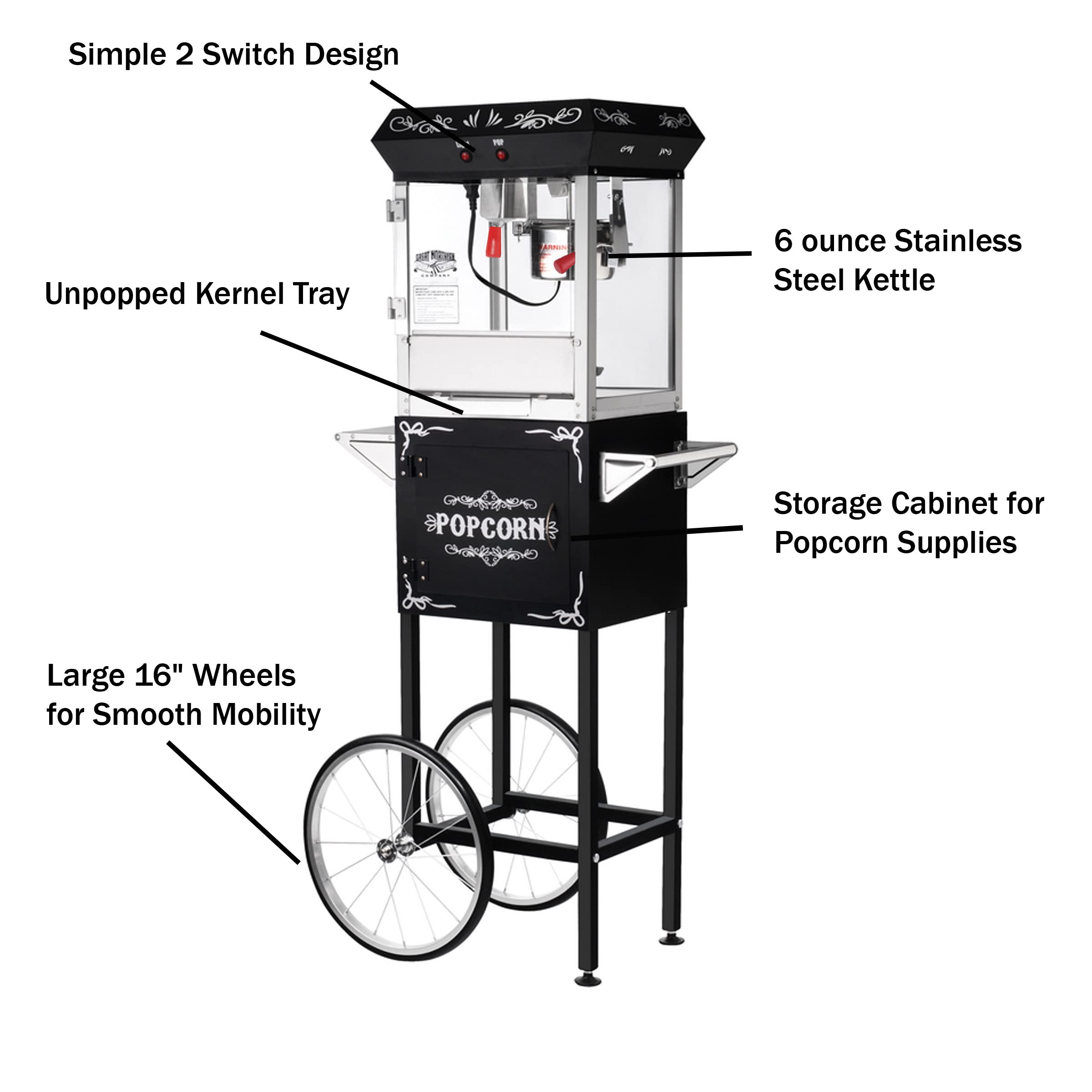 Great Northern Popcorn Machine with Cart - 6oz Commercial Popcorn Popper with Stainless Steel Kettle, Heated Warming Tray & Old Maids Drawer for Movie Nights, Parties & Concessions (Black)