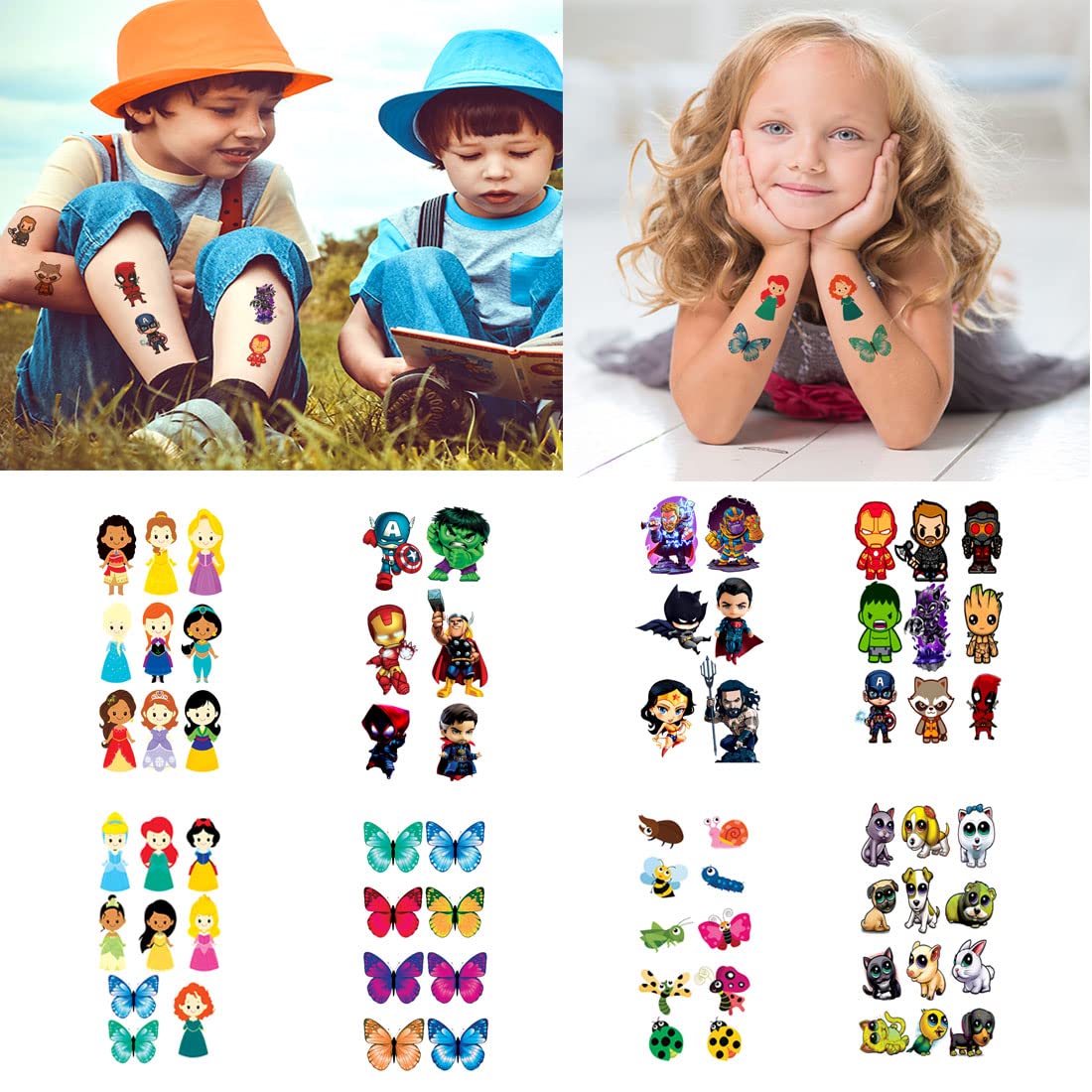 Waterproof Temporary Tattoo Set - 8 Fun Cartoon Designs for Kids & Adults | Long Lasting Fake Body Art for Parties, Halloween & Summer Fun