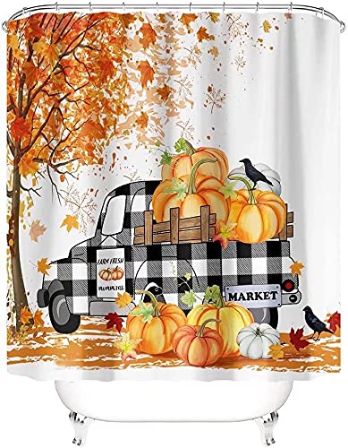 4Pcs Autumn Maple Pumpkin Shower Curtain Set with Non-Slip Bath Rugs, Toilet Cover & Bath Mat - Waterproof Halloween Bathroom Decor for Fall Thanksgiving Home Decor | Perfect for Seasonal Bathroom Makeover and Cozy Autumn Atmosphere