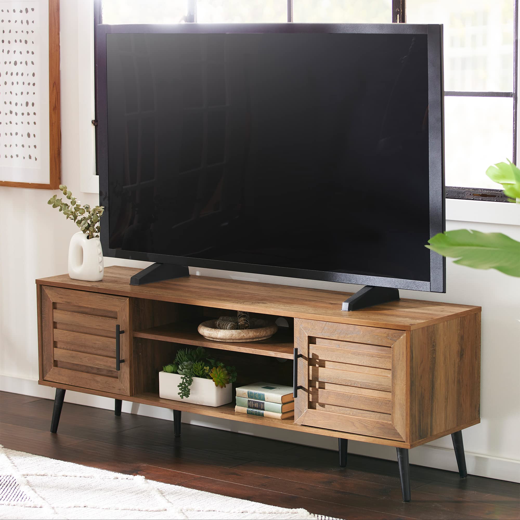 Mid Century Modern TV Stand with Open Shelves & 2 Cabinets - Walnut Wood Entertainment Center for 65 Inch TVs - Perfect for Living Room, Home Theater & Media Room Organization