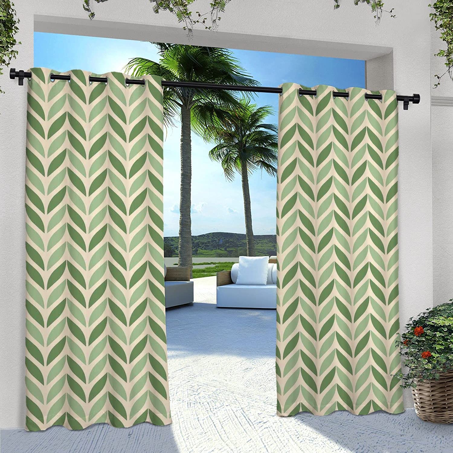 Retro Outdoor Patio Curtains - Waterproof Windproof Blackout with Vibrant Diagonal Symmetric Green Spring Leaves Nature Design - Perfect for Garden, Balcony, and Sunroom Decoration