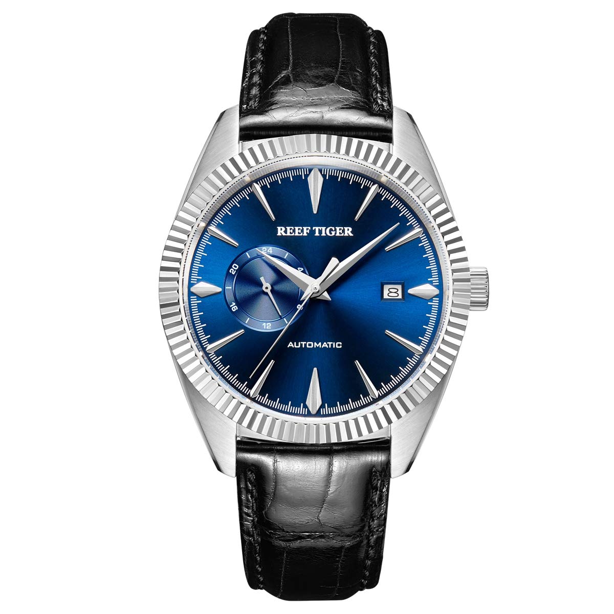REEF TIGER Luxury Automatic Men's Watch - Genuine Leather Strap, All Blue Dial, Water Resistant Dress Watch RGA1616 | Perfect for Business, Formal Events & Special Occasions