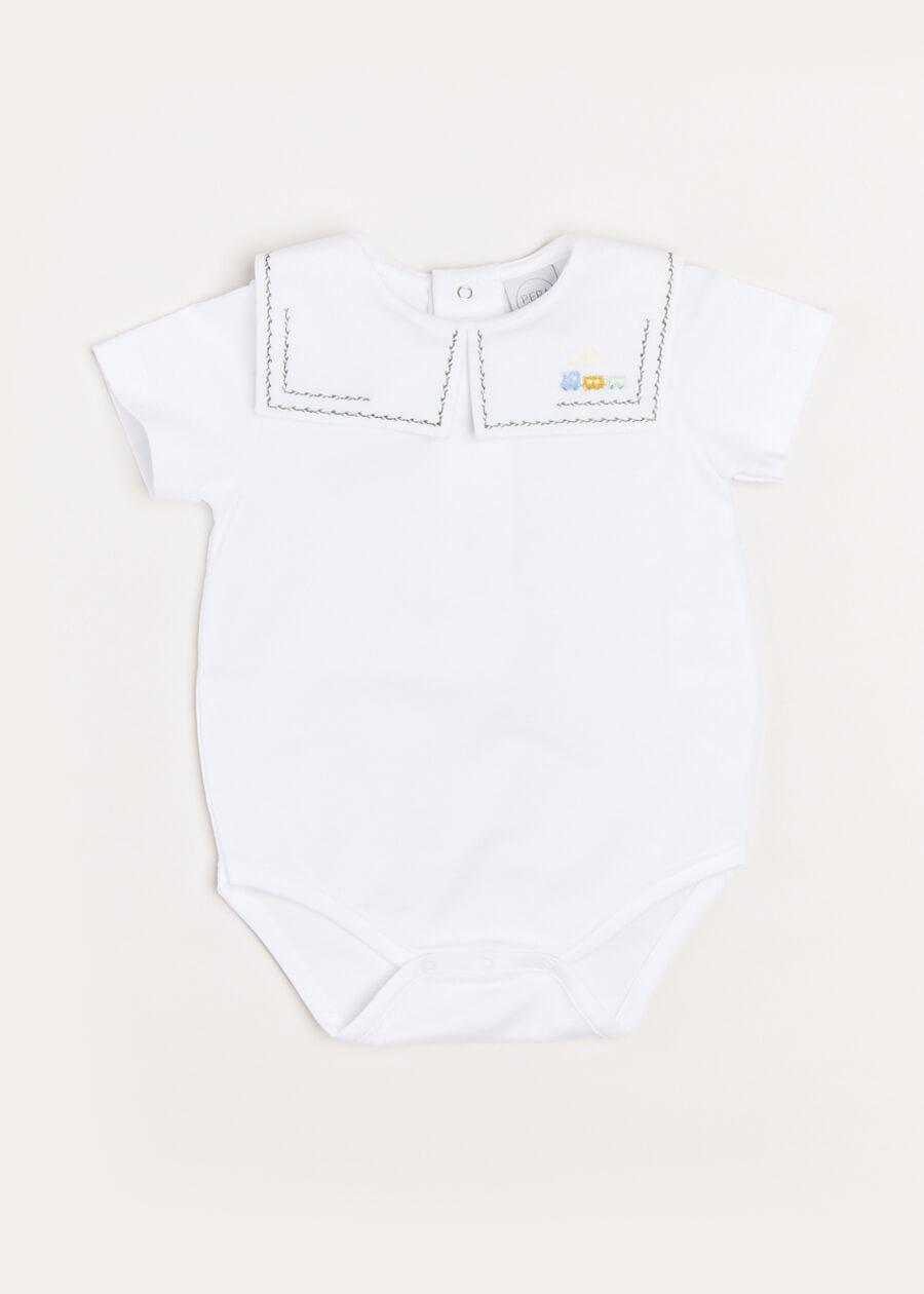Green Train Embroidery Statement Collar Short Sleeve Baby Bodysuit (3 Months-2 Years) - Perfect for Playdates, Photo Shoots & Everyday Wear