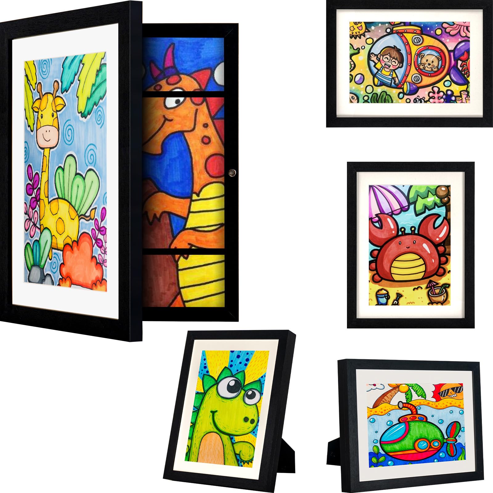AIOR Kids Art Frame - 8.5 x 11 Front Opening Picture Frame for Children's Artwork | Holds 150 A4 Drawings & Projects | Changeable Display with Stand | Perfect for Classroom Decor, Home Gallery & Gift (Black)