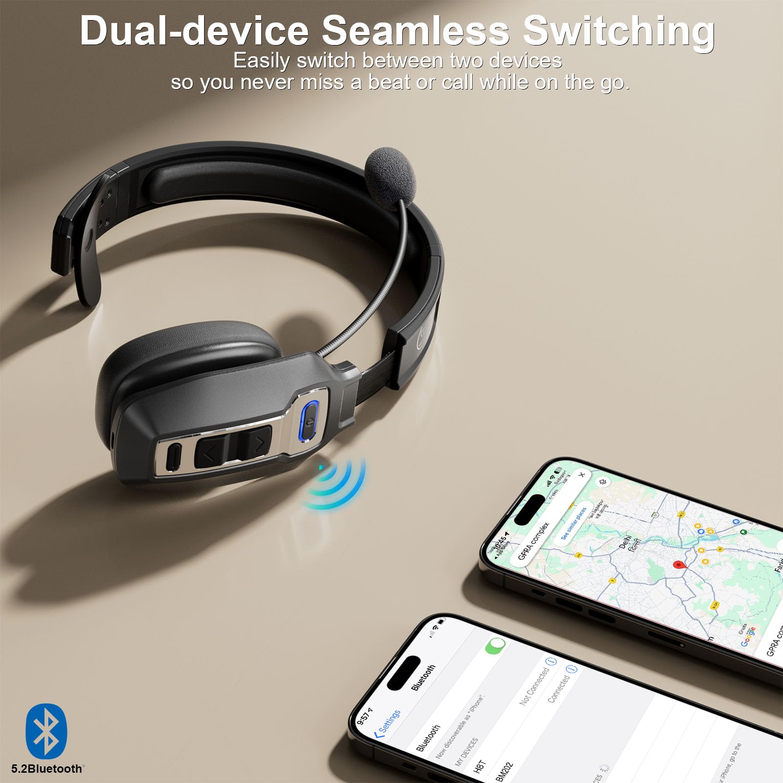 Bluetooth Headset for Truckers - AI Noise Cancelling Mic, Mute Button, 65H Battery Life, Bluetooth 5.2 - Hands-Free Truck Driver Headset for Calls & Multitasking | Ideal for Long Hauls & Professional Driving