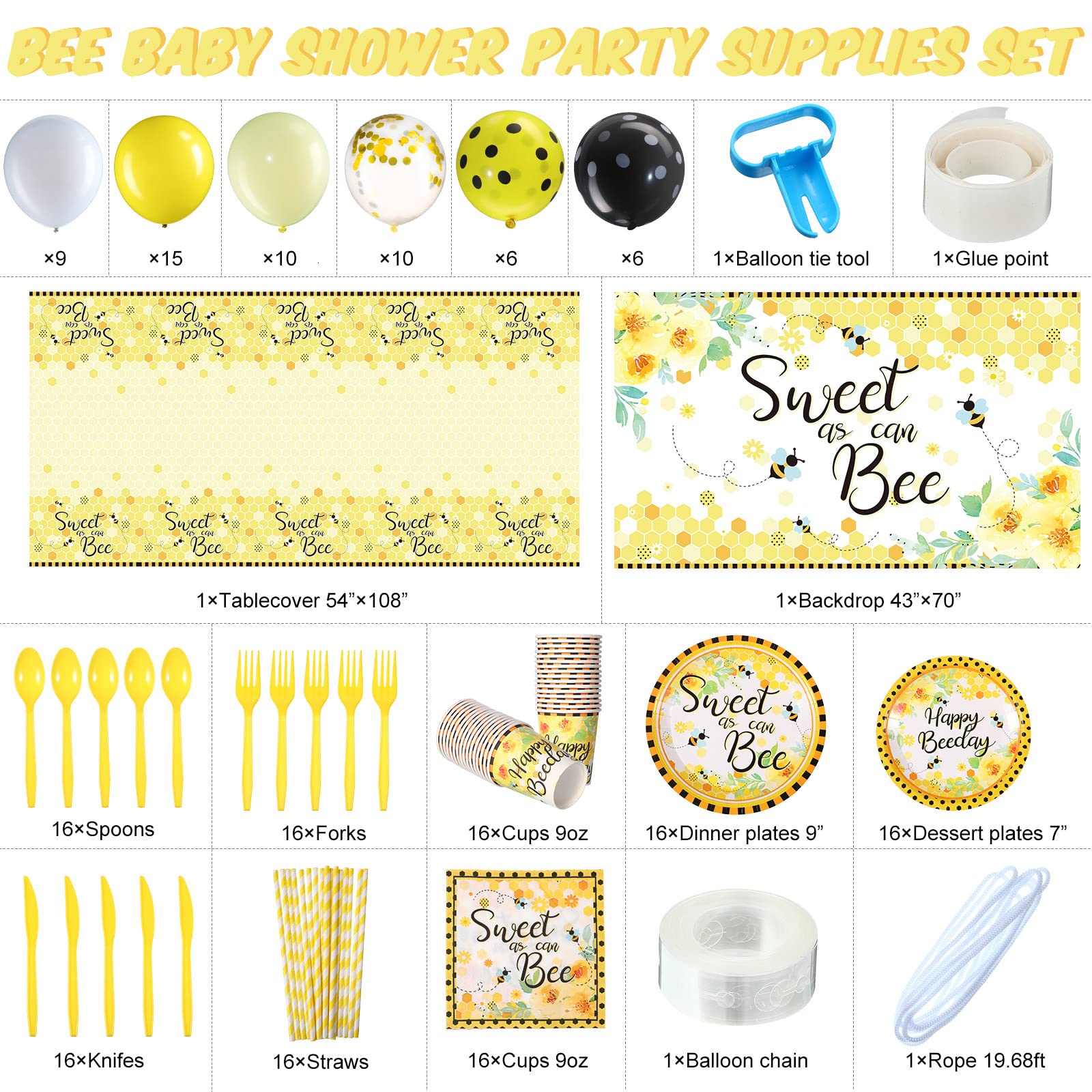 Tatuo 190 Pcs Bee-Themed Party Decorations Kit - Sweet as Can Bee Baby Shower Backdrop, Gender Reveal & Kids Birthday Party Supplies | Perfect for Nursery Decor, First Birthday, and Spring Themed Celebrations
