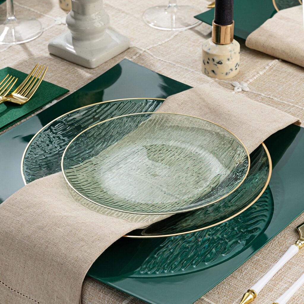 24-Pack Transparent Green & Gold Rim Round Plastic Dinnerware Set - 12-Piece Service for 12 Guests - Shatterproof Party Plates, Cups & Bowls - Perfect for Weddings, BBQs, Picnics & Outdoor Events