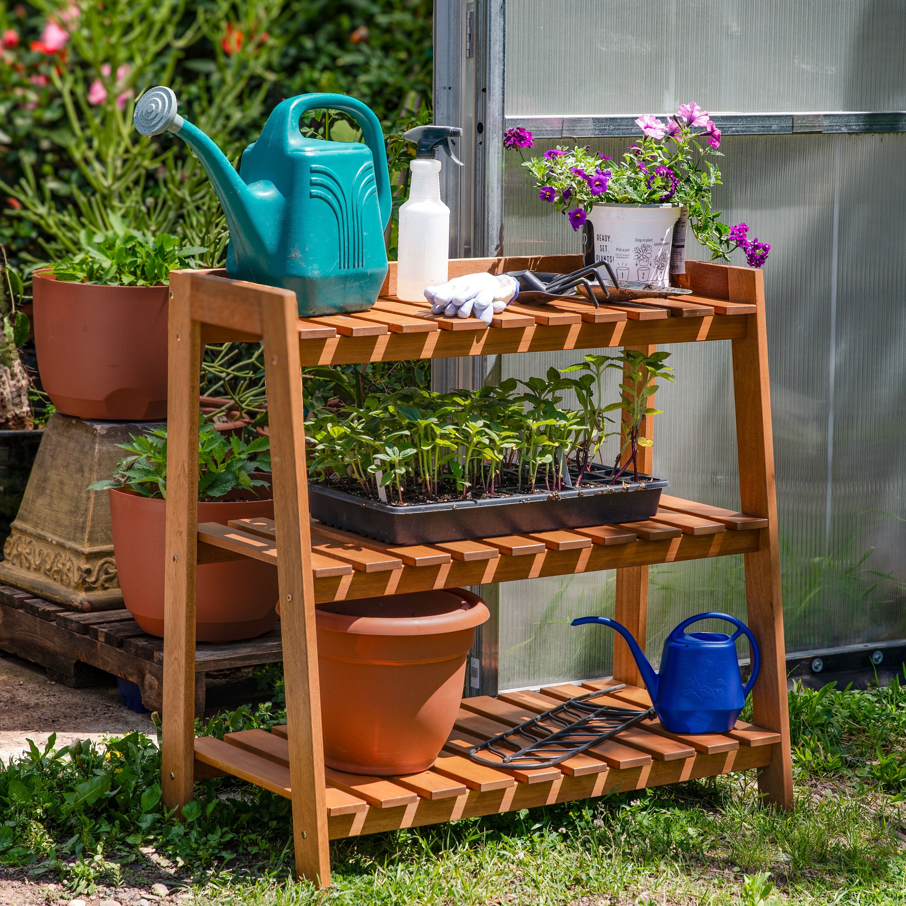 Premium Meranti Wood Garden Shelf with Teak Oil Finish - Outdoor Patio, Balcony & Deck Storage Organizer for Plants, Books & Decor