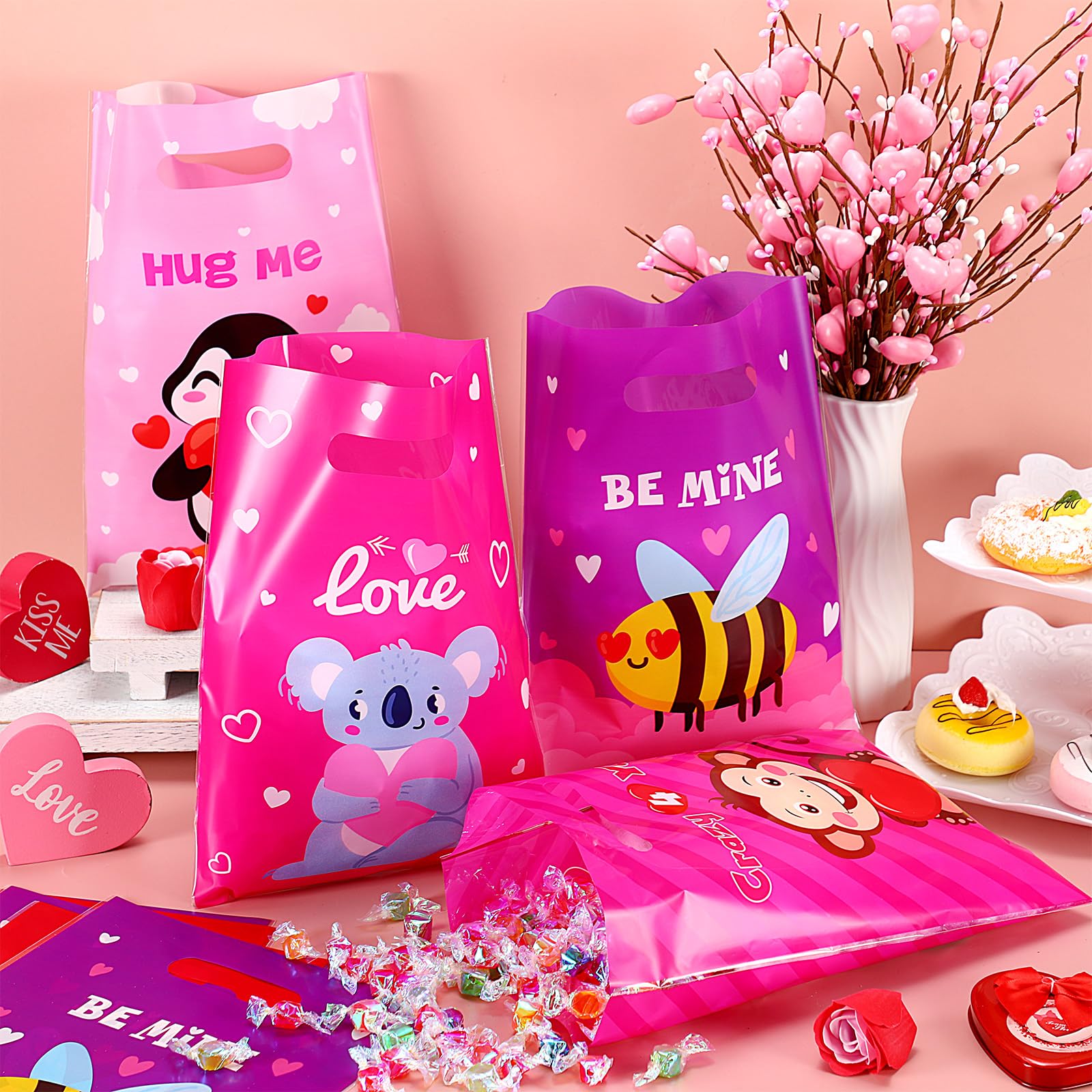 Chivertion 200 Pcs Valentine's Day Plastic Gift Bags - 11.8x8.7 Inch Cute Animal Treat Bags with Handle for Party Favors, Classroom Rewards & Holiday Goodies | Perfect for Valentine's Parties, School Events & Gift Exchanges
