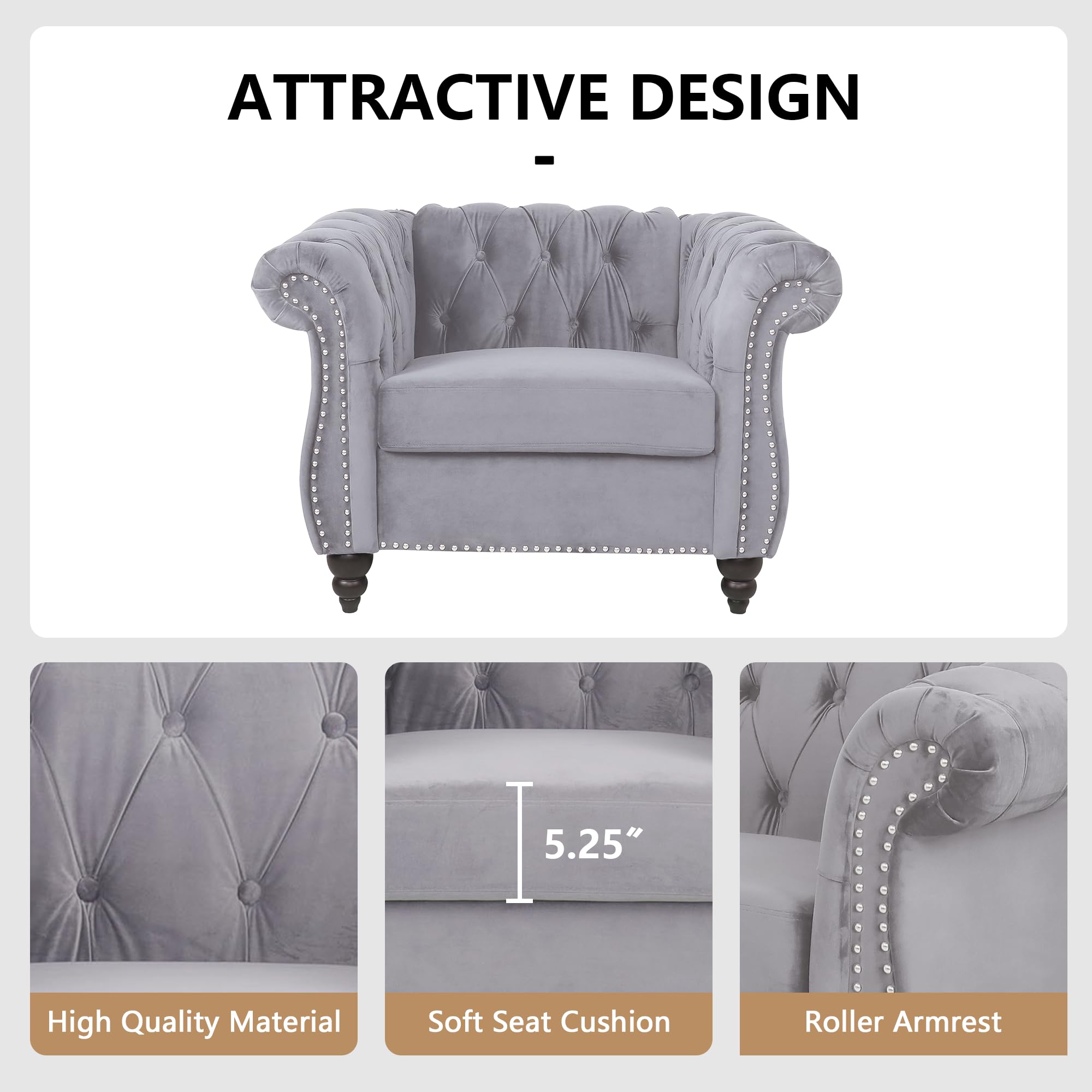 QHITTY Velvet Chesterfield Accent Chair - Modern Tufted Upholstered Living Room Furniture in Grey | Perfect for Home Office, Lounge & Reading Nook
