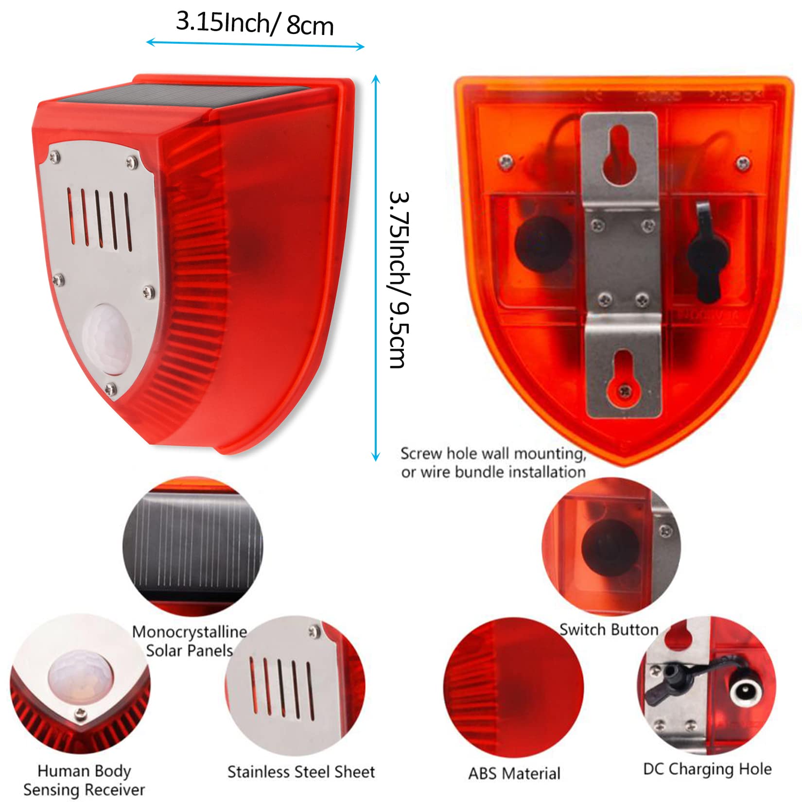 Keeda Solar Security Light Alarm - 129dB Loud Solar Strobe Light with Gunshot & Dog Barking Sounds, Waterproof PIR Motion Sensor LED for Farm, Barn, Yard (Red) - Perfect for Outdoor Home Security and Property Protection