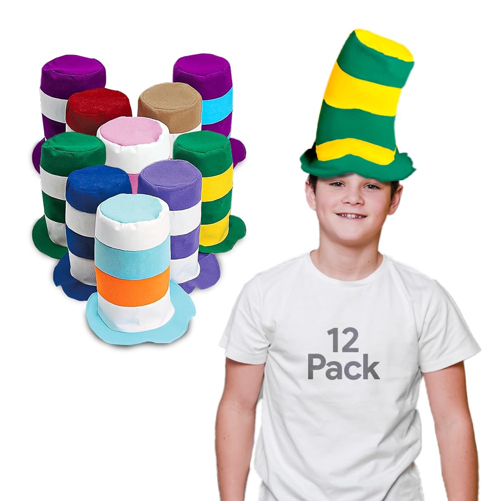 Stove Pipe Hats for Adults - 12 Pack Bulk Assorted Color Felt Top Hats - Funny Costume Party Hats for Halloween, Steampunk, Victorian & Themed Events
