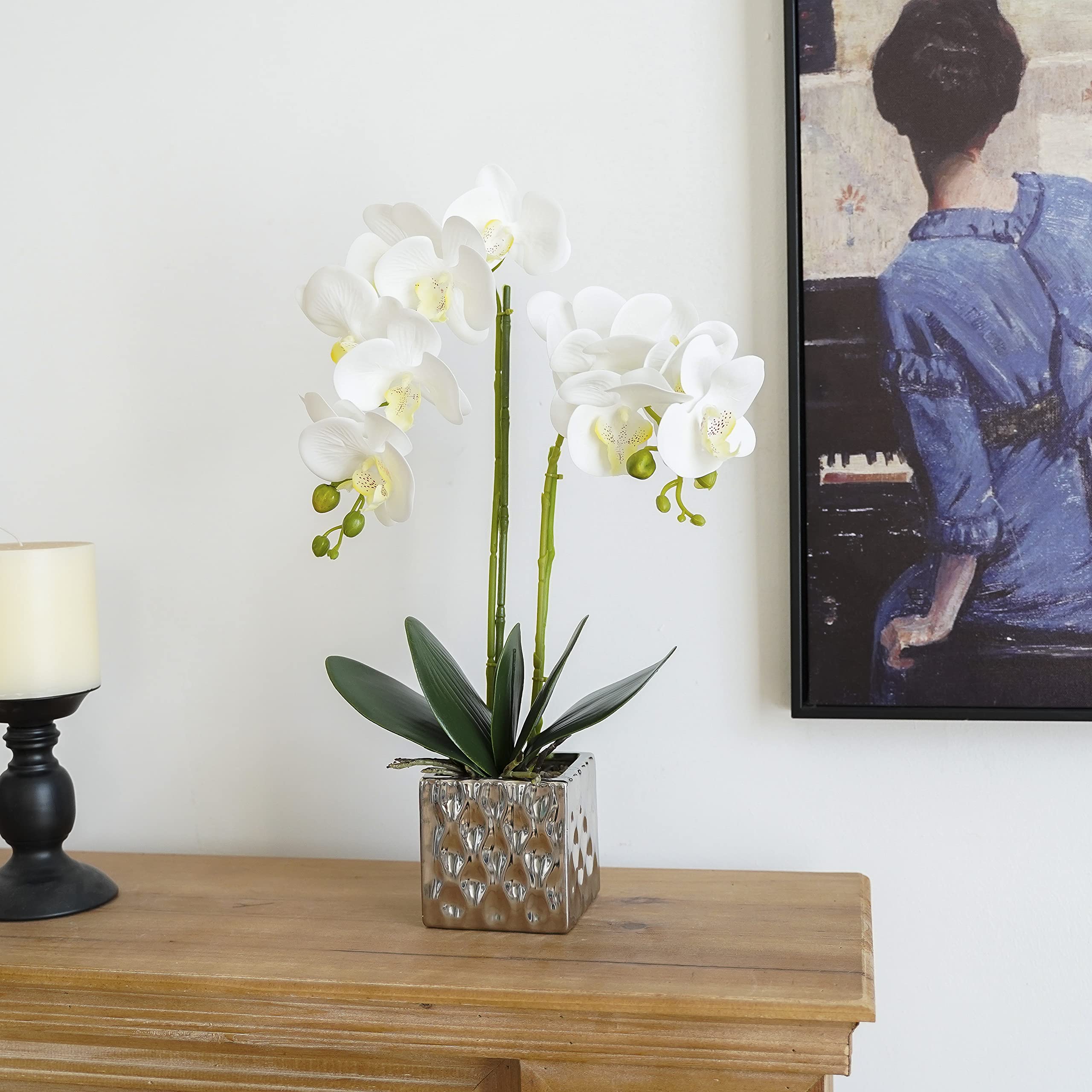 Artificial Orchids in Silver Vases - Elegant Fake Flower Arrangement for Home Decor (White) | Perfect for Living Room, Wedding Centerpiece & Office Decoration