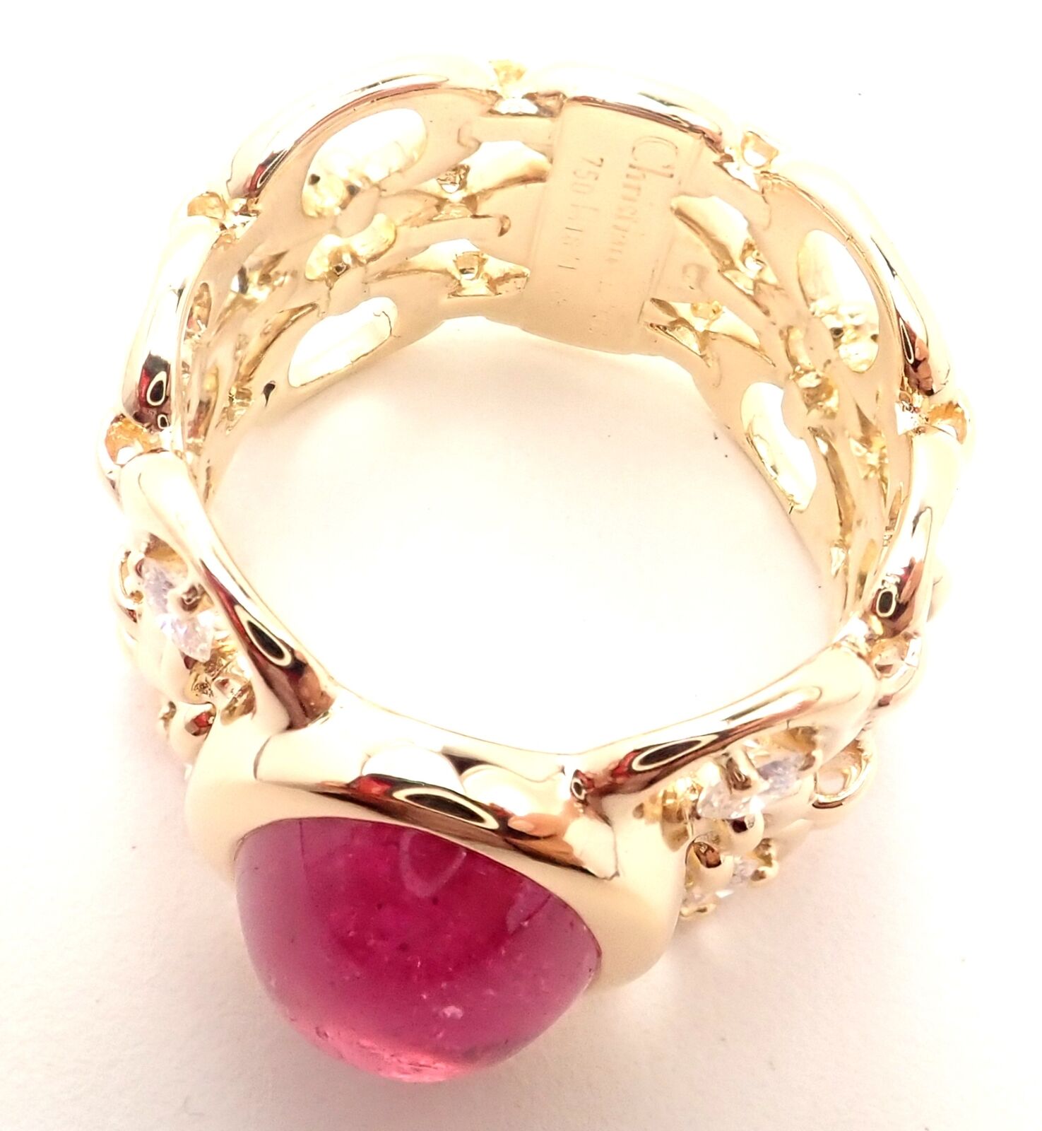 Authentic Christian Dior 18K Yellow Gold Diamond Pink Tourmaline Band Ring for Women - Luxury Fashion Jewelry Gift for Anniversary, Valentine's Day & Special Occasions