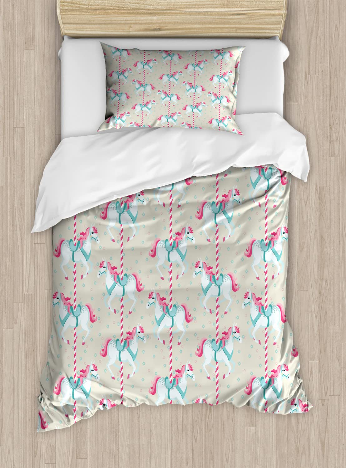 Ambesonne Horse Duvet Cover Set - Merry Go Round Carousel Theme 2-Piece Twin Size Bedding with 2 Pillowcases - Beige Seafoam Pink - Perfect for Kids' Rooms, Themed Bedrooms & Carnival Lovers